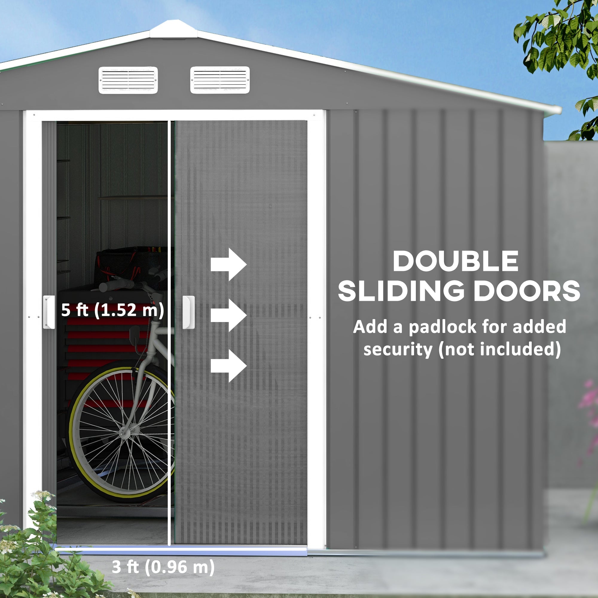 Outsunny 9' x 10.6' Garden Storage Shed w/ Foundation Kit Metal Tool Storage House w/ Double Doors Light Grey