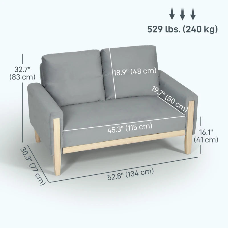 53" Loveseat Sofa, Small 2 Seater Couch with Solid Wood Legs, Modern Velvet Sofa for Living Room, Small Spaces, Grey