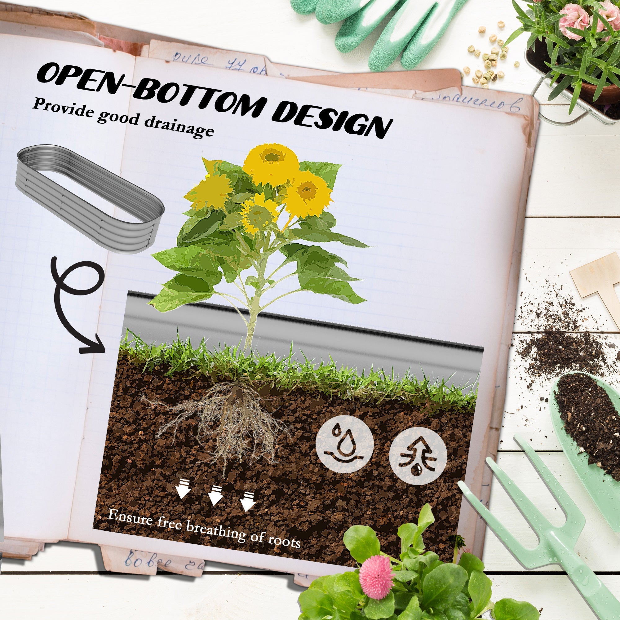 Outsunny Galvanized Raised Garden Bed Kit 4.9x2x1ft, Metal Planter Box with Safety Edging, Durable Outdoor Gardening Solution, Silver