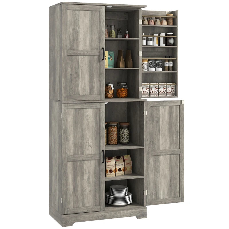 Farmhouse Kitchen Pantry Cabinet, Kitchen Cabinet with Barn Doors, Adjustable Shelves and Door Racks, Distressed Grey