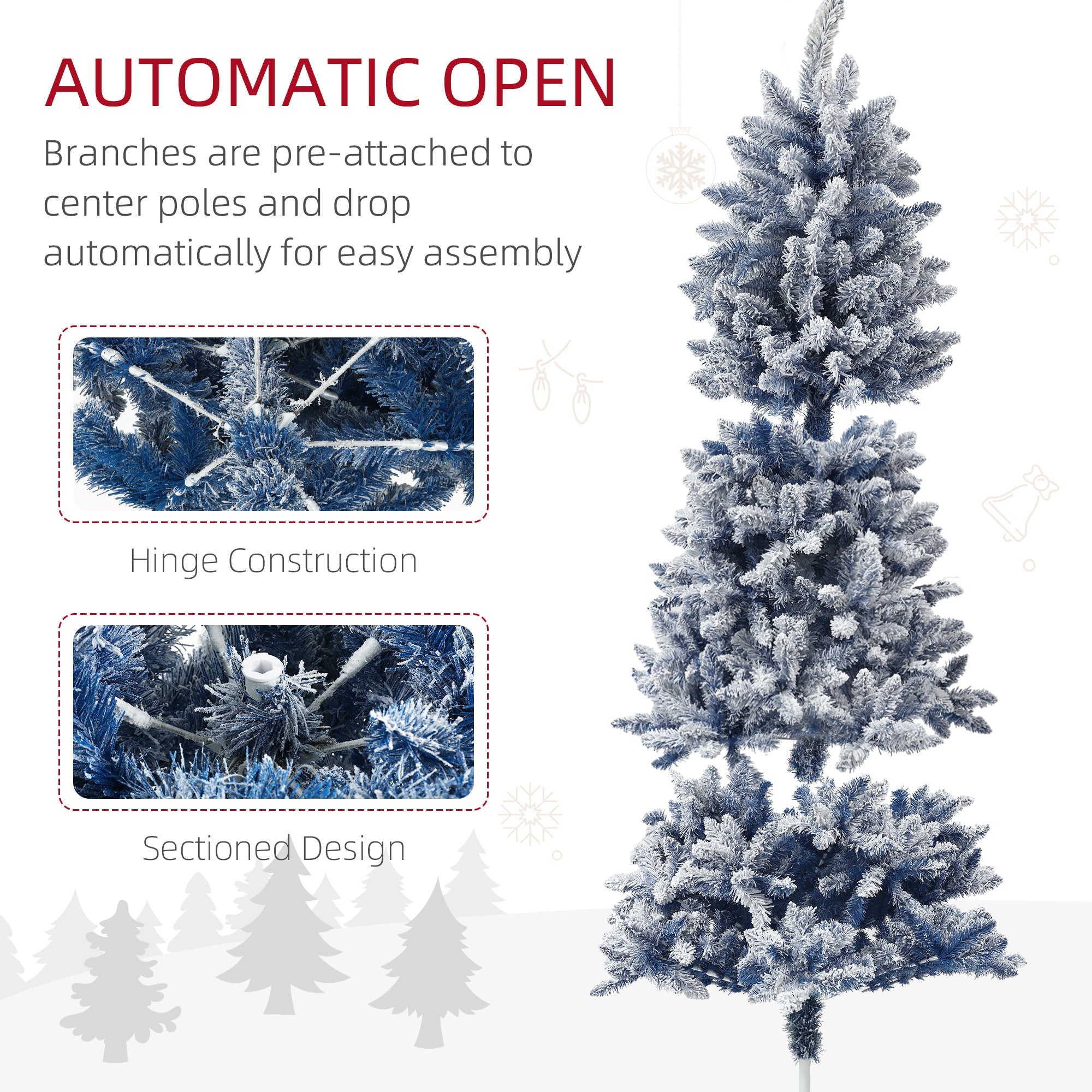 HOMCOM 7ft Flocked Blue Christmas Tree, Artificial Christmas Tree with Hinged Design, Faux Snow, for Home Office Holiday Xmas
