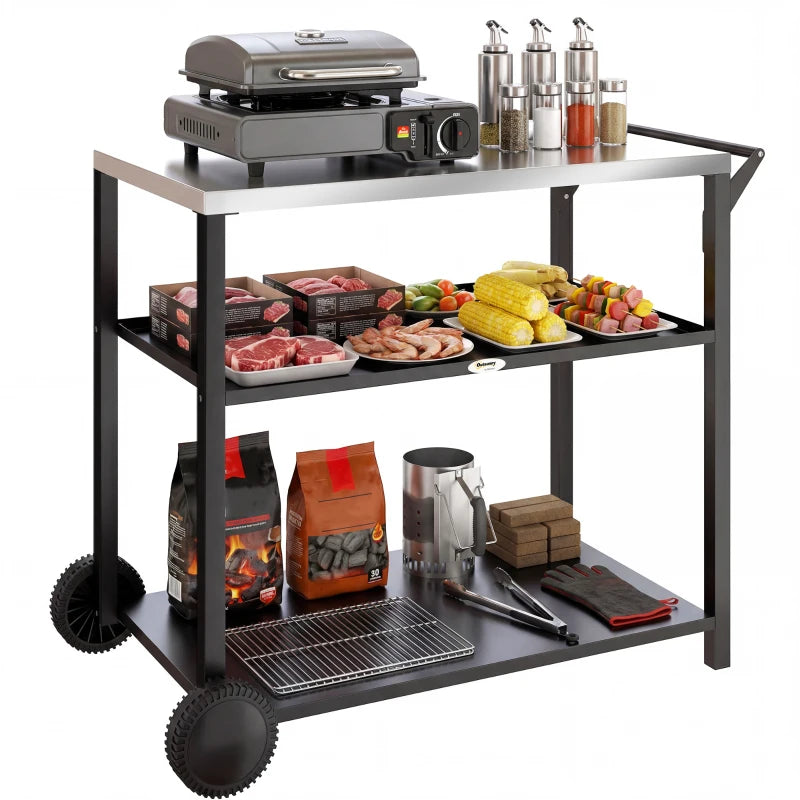 Outdoor Grill Cart with Stainless Steel Tabletop, 3-Tier BBQ Stand, Movable Food Prep Table on Wheels, Black