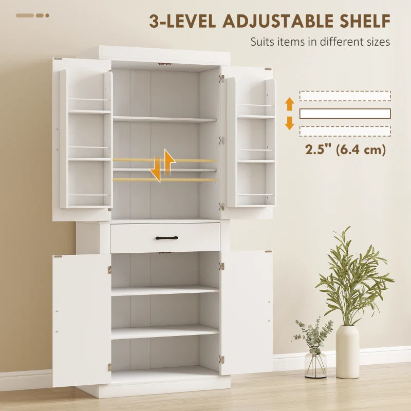 72" Kitchen Pantry Cabinet, Farmhouse Kitchen Storage Cabinet with 4 Barn Doors, 6 Door Shelves, Drawer, White