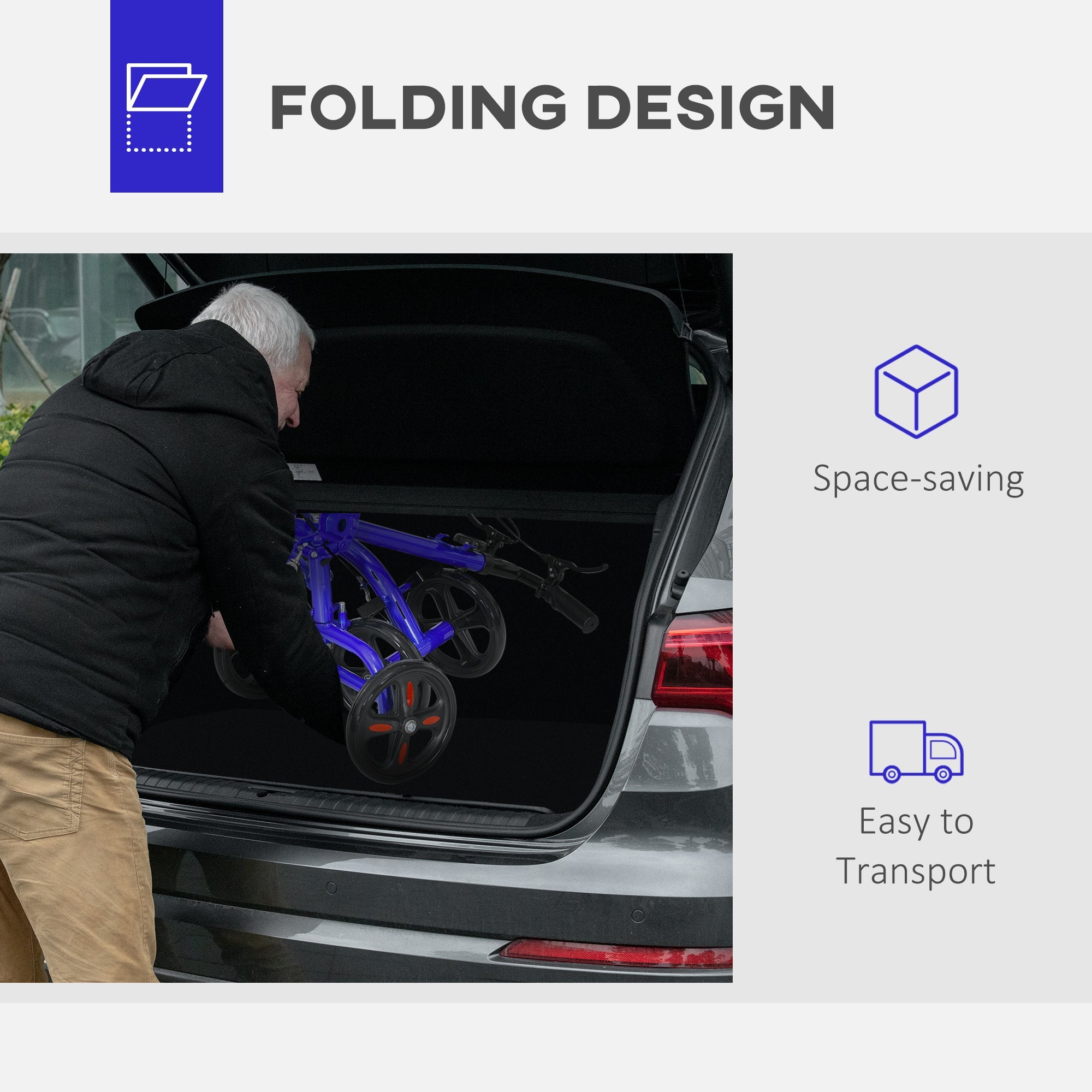 HOMCOM Steerable Knee Walker, Foldable Knee Scooter with Dual Braking System, Adjustable Height, Crutch Alternative, Blue