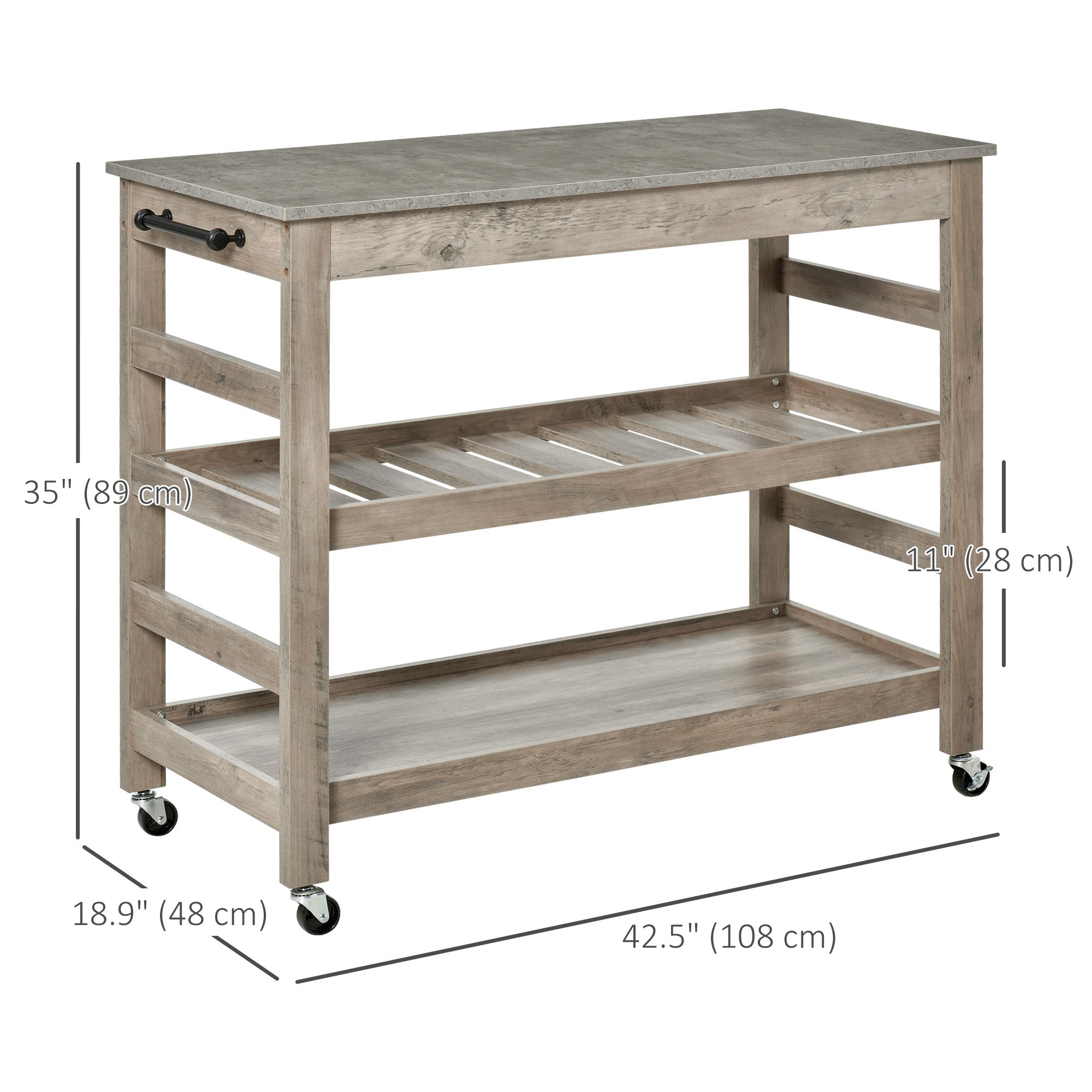 HOMCOM Culinary Companion: Rolling Kitchen Island Cart with Concrete Effect Top, Wine Rack Storage, Grey Utility Trolley