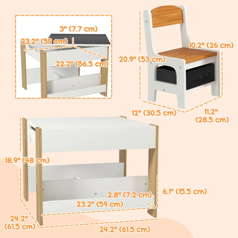 Qaba 3 Piece Kids Table and Chair Set with Reversible Tabletop, Blackboard, Storage, Bookshelf, for Playroom, Nursery Natural