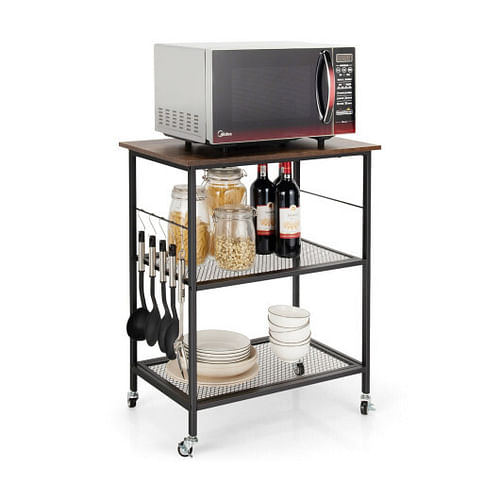 3-Tier Kitchen Serving Cart Utility Standing Microwave Rack with Hooks Brown - Free Shipping