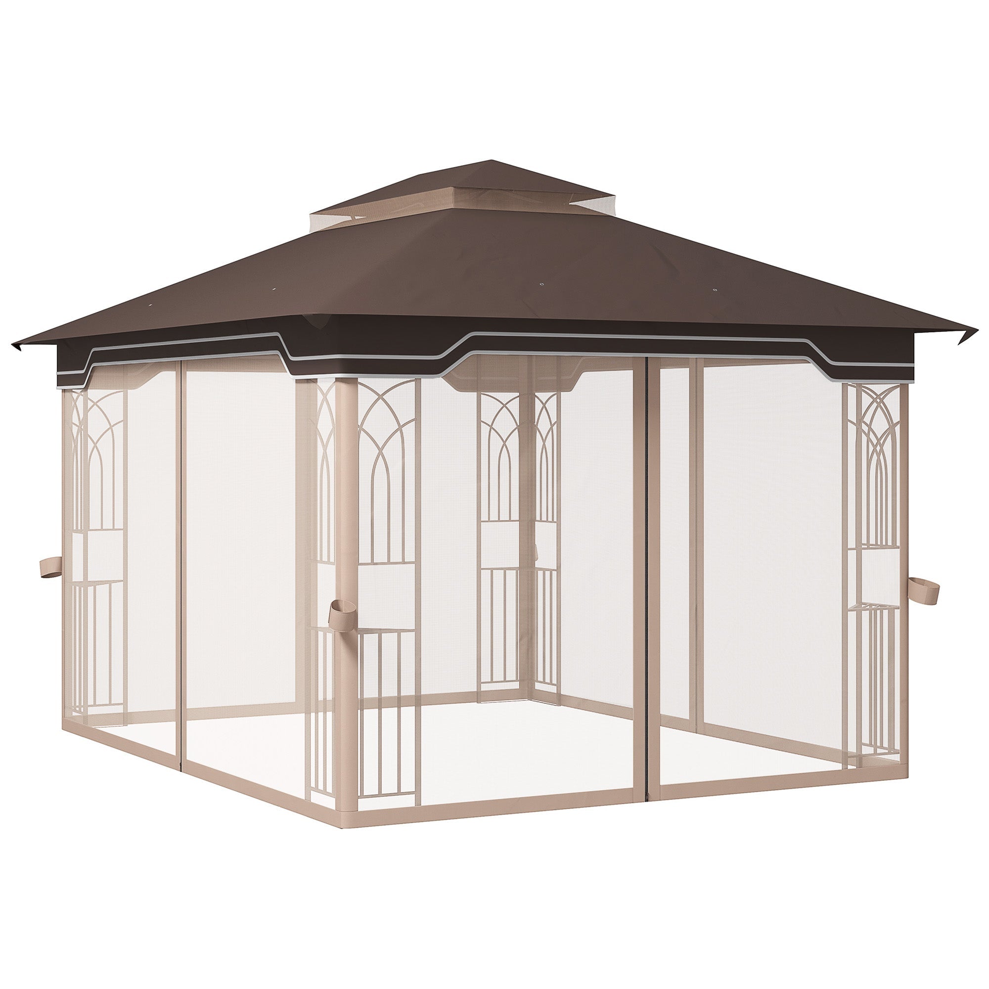 Outsunny 12' x 10' Soft-top Patio Gazebo Covered Gazebo Backyard Tent with Double Tier Roof and Netting Sidewalls, Brown