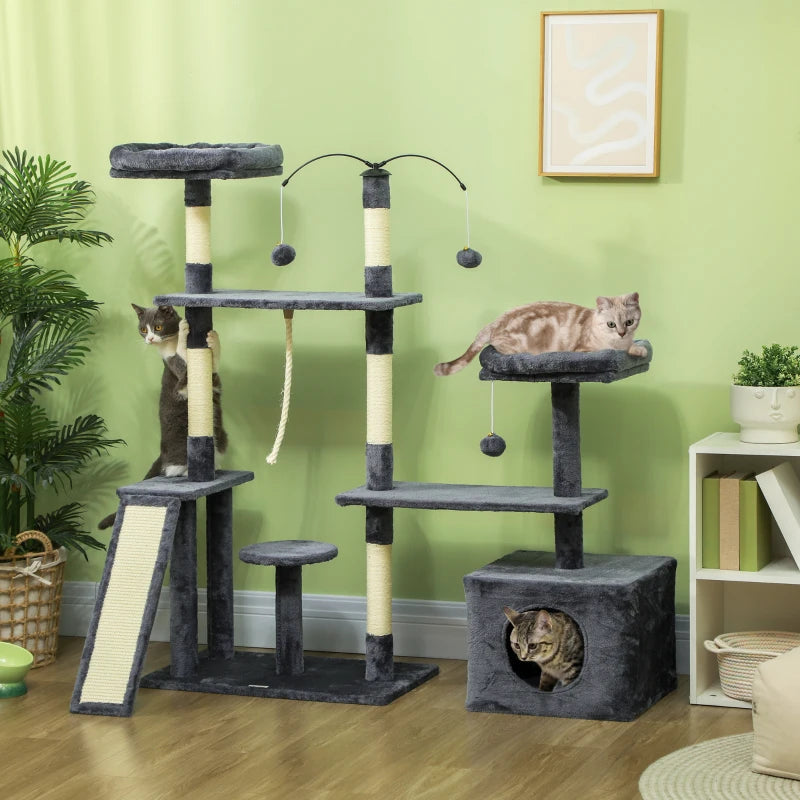 53" Cat Tree, Cat Tower with Scratching Posts, Cat Condo, Beds, Platforms, Toy Balls for Indoor Cats, Dark Grey