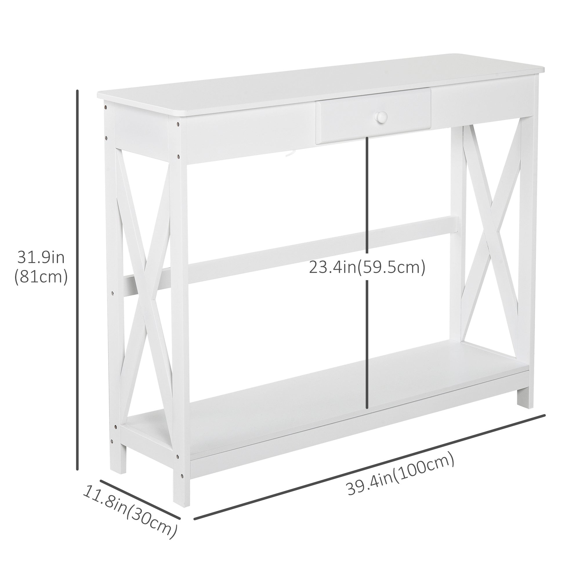 HOMCOM Narrow Console Table Entryway with Drawer Storage Shelf X-frame Slim Sofa Table for Living Room Hallway White