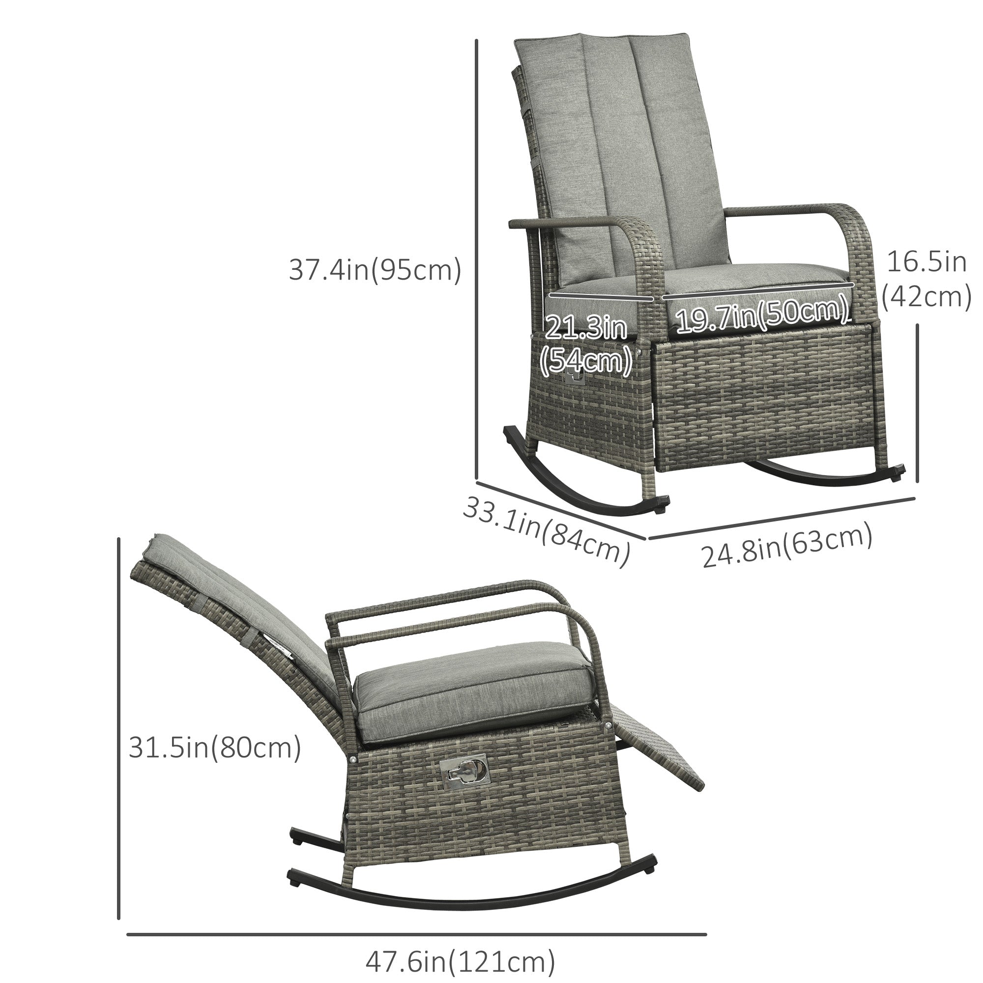 Outsunny Rattan Wicker Rocking Chair Outdoor Patio Recliner with Cushion Adjustable Footrest Grey