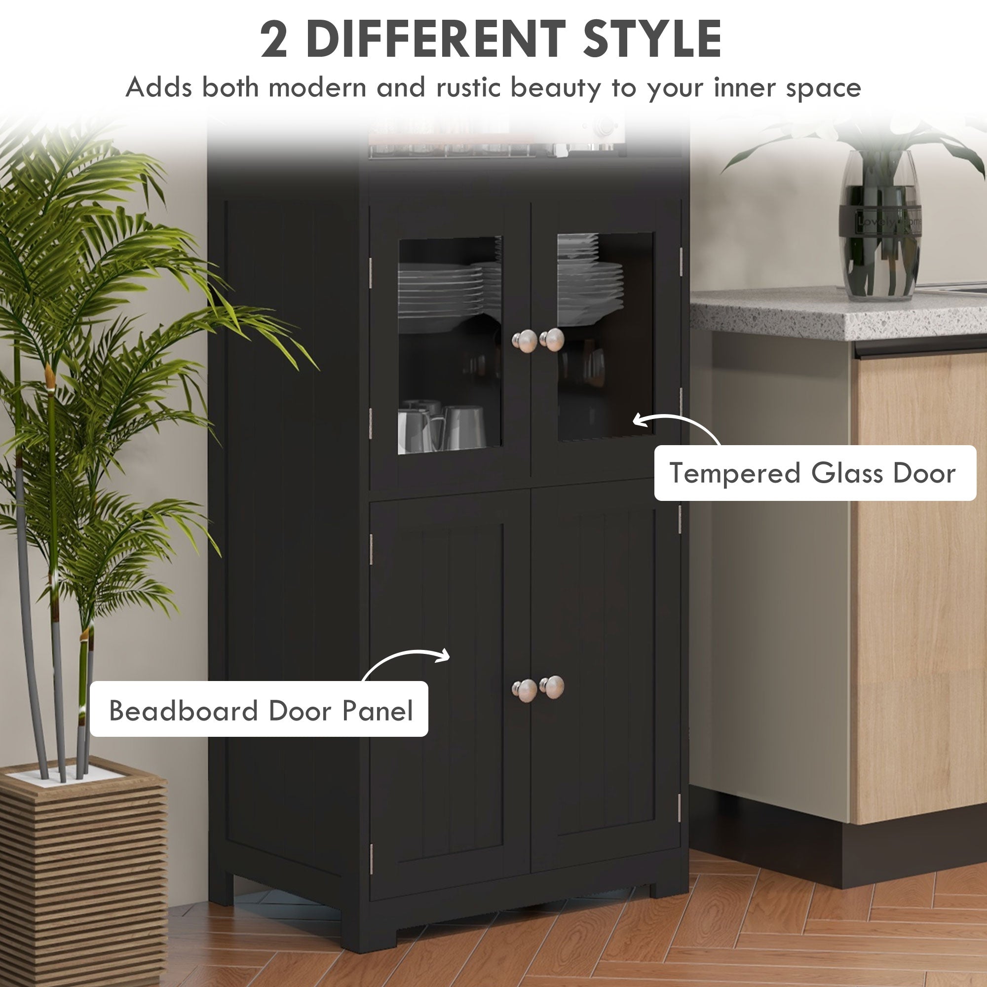 HOMCOM Black 63" Small Kitchen Hutch: 4-Door Pantry Storage Cabinet with Adjustable Shelf for Dining Room