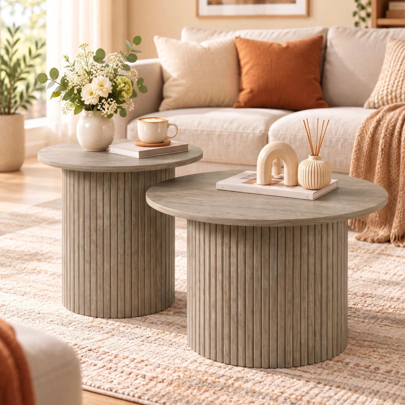 Round Nesting Coffee Table Set of 2 – Fluted Pedestal Tables, Rustic Brown Wood Grain