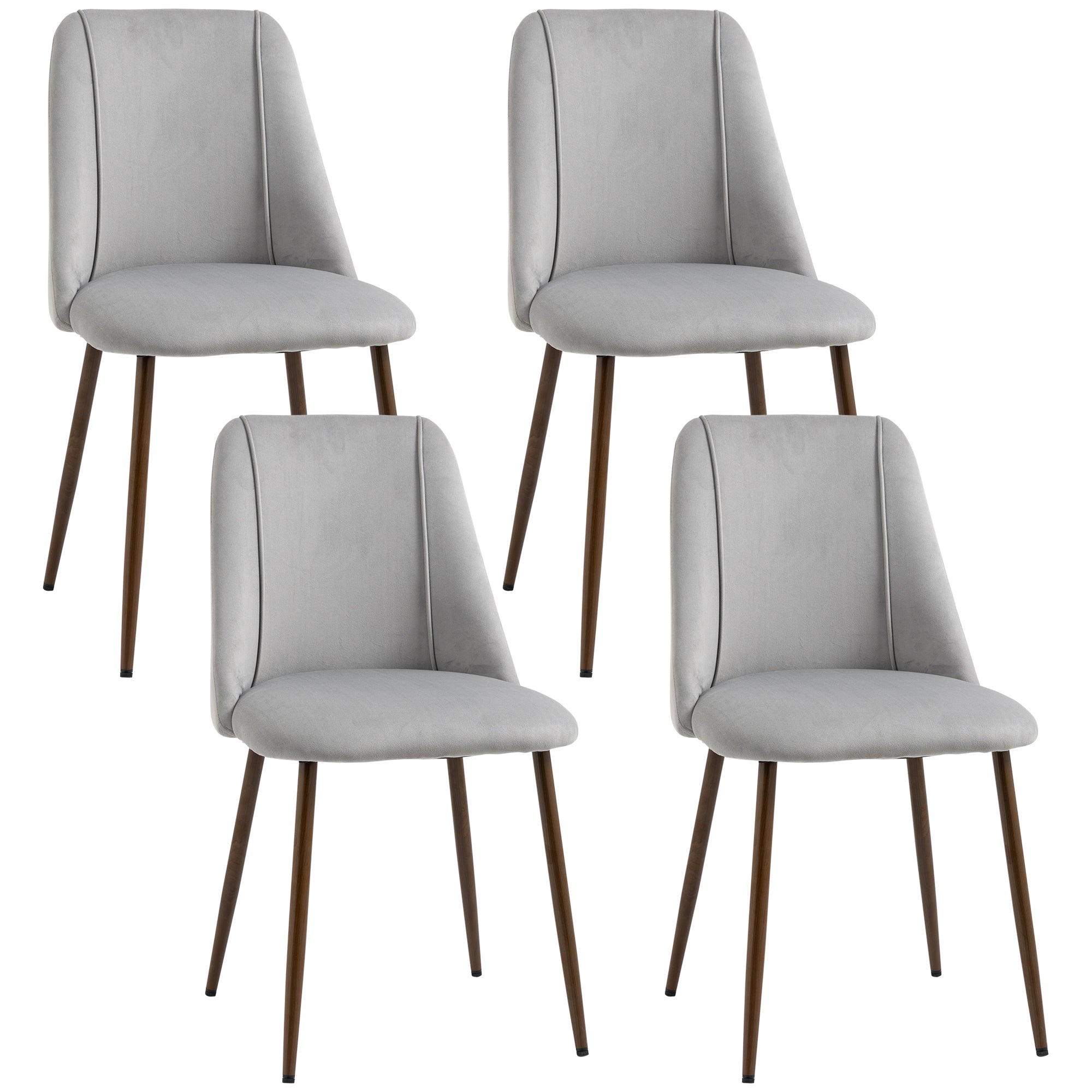 HOMCOM Set of 4 Modern Kitchen Dining Chairs Velvet-touch Upholstery Curved Back Wood-grain Steel Legs Grey