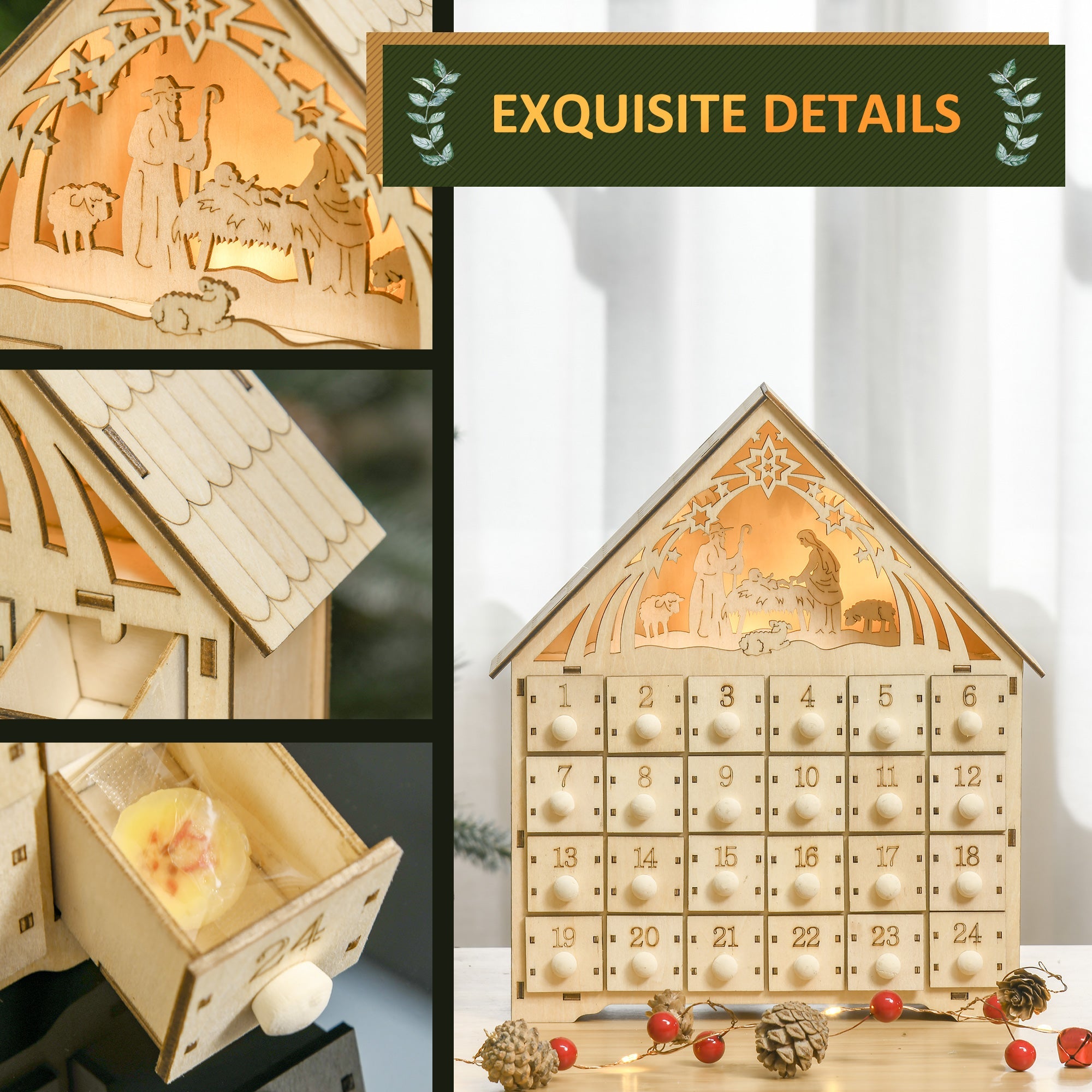 HOMCOM Wooden Lighted Christmas Advent Calendar - 24 Day Xmas Countdown with Drawers for Holiday Table Decoration, Natural