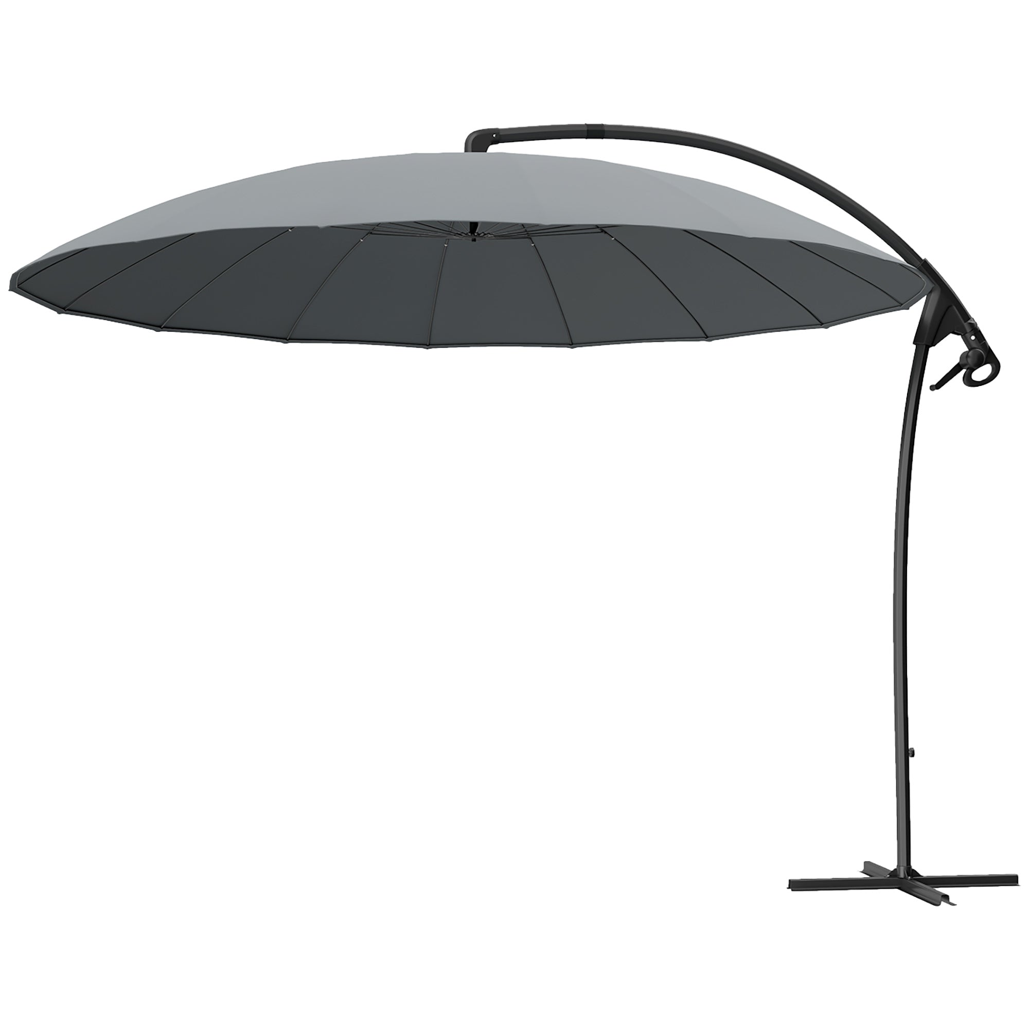 Outsunny 9FT Cantilever Umbrella with 16 Fibreglass Ribs, Offset Hanging Umbrella, Patio Umbrella with Crank and Cross Base, Grey