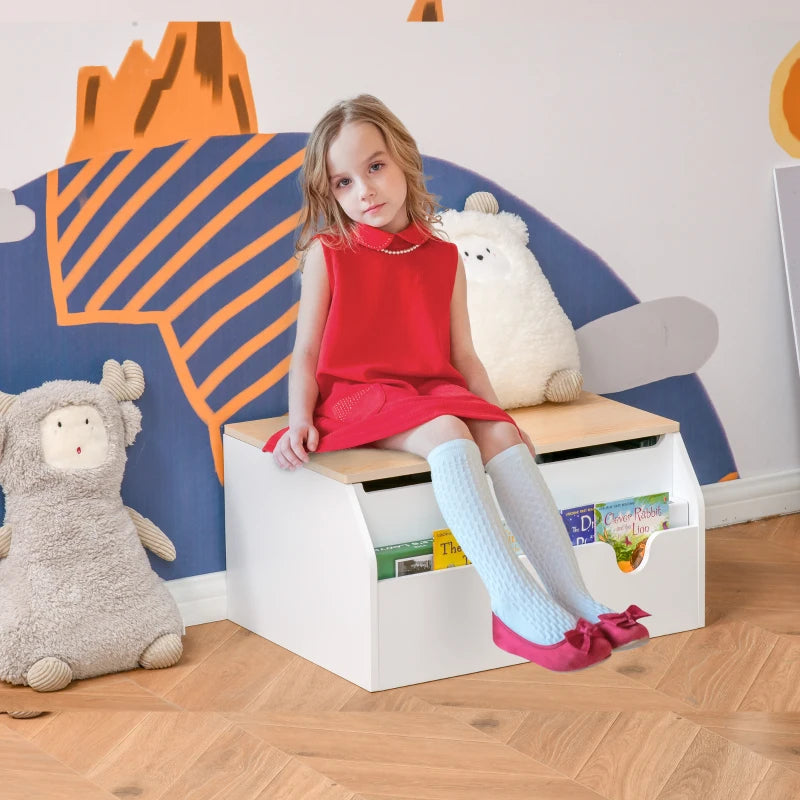 Qaba Wooden Kids Toy Box with Lid, Children Storage Organizer with Safety Hinge, Toy Trunk Chest, White