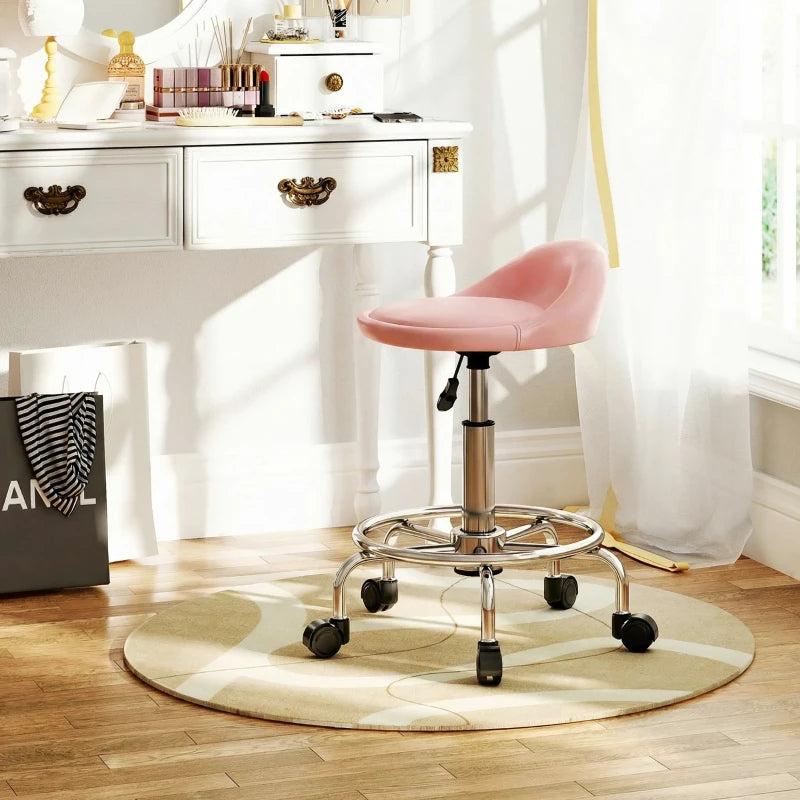 PU Leather Rolling Stool, Height Adjustable Swivel Salon Chair with Backrest and Foot Rest for Spa, Tattoo, Pink