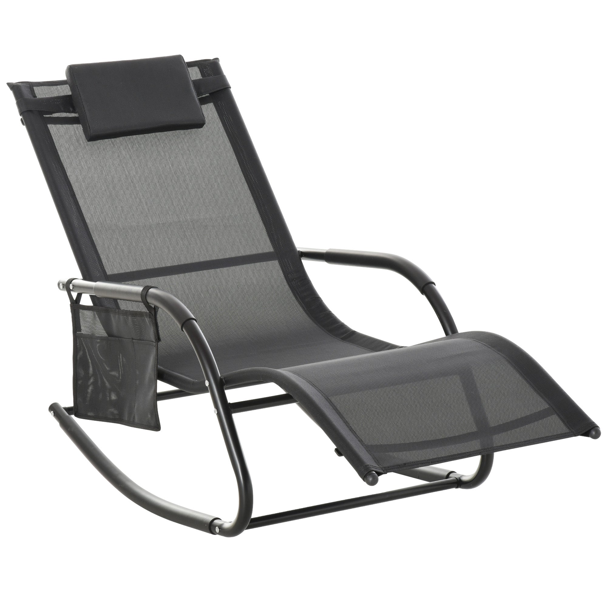 Outsunny Outdoor Rocking Recliner Sling Sun Lounger with Removable Headrest and Side Pocket for Garden Patio Deck Black