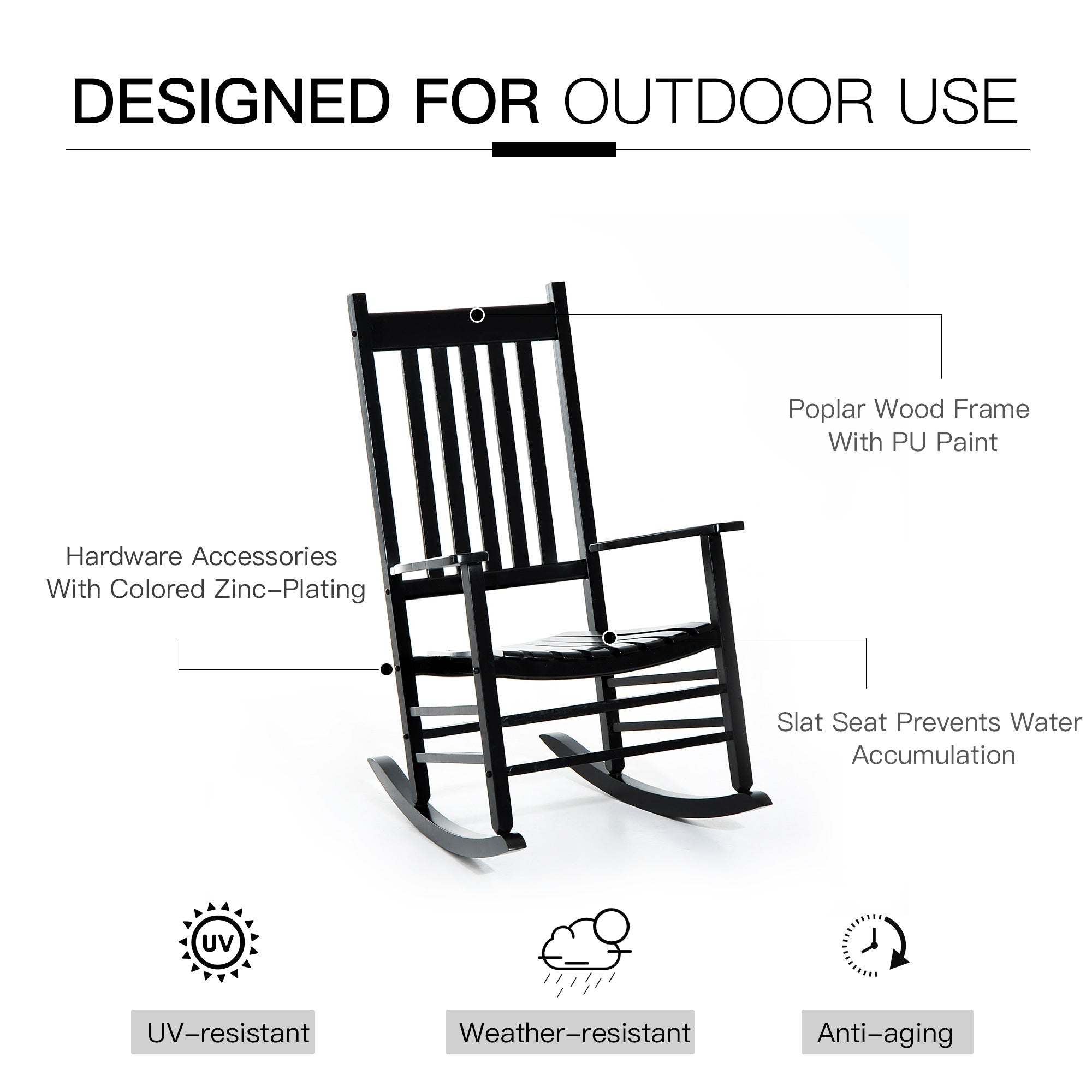 Outsunny Porch Rocking Chair High Back Wooden Outdoor Patio Rocker Black Comfort