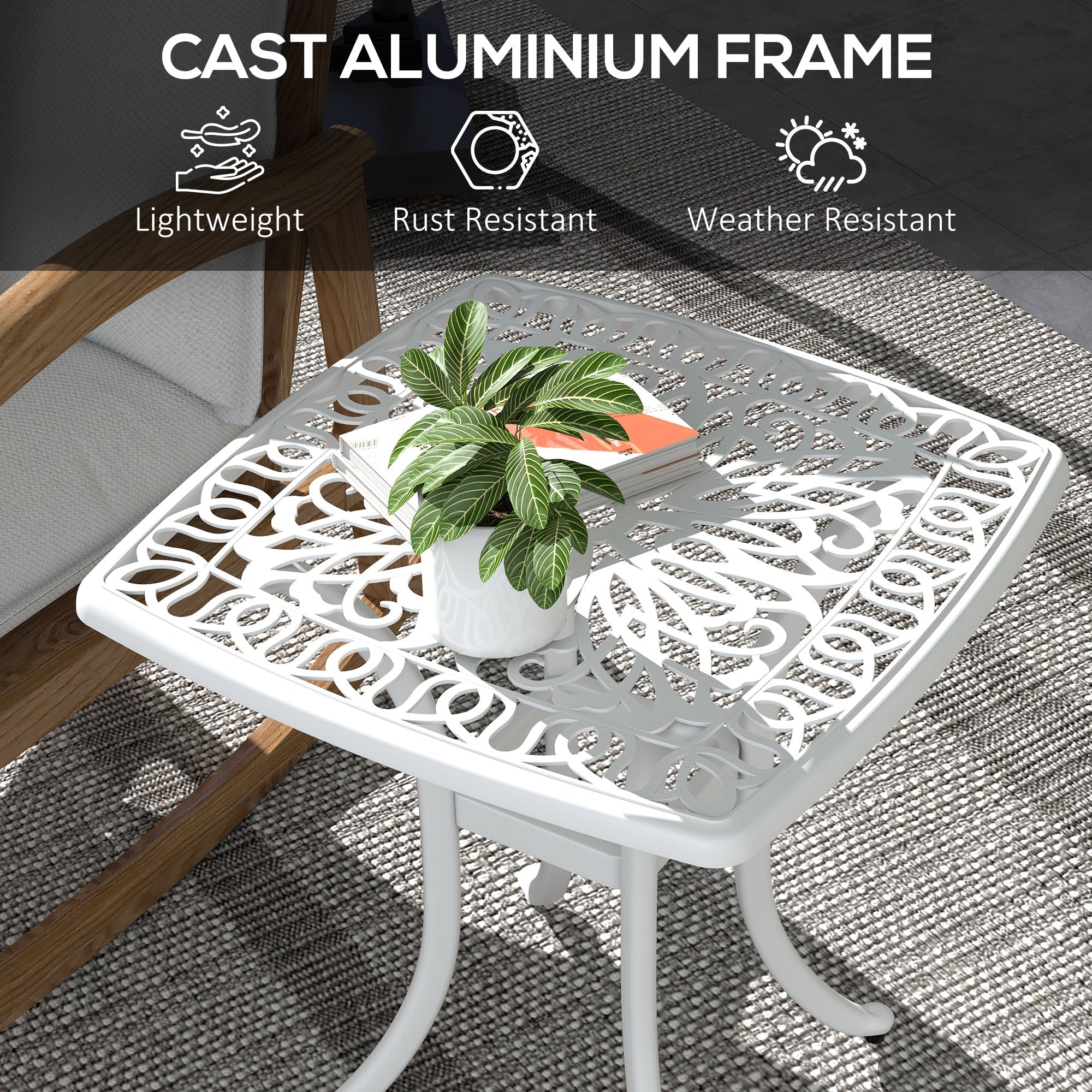 Outsunny 21" Square Cast Aluminum Outdoor End Table with Umbrella Hole Patio Side Table for Garden Balcony Poolside White
