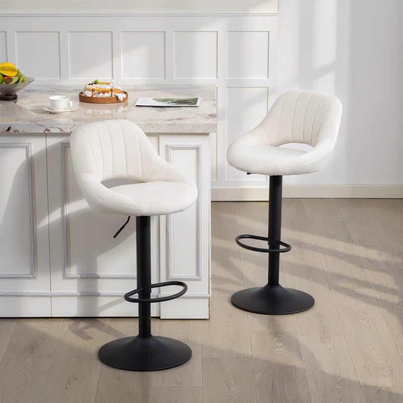 Bar Stools Set of 2, Swivel Counter Height Barstools with Adjustable Height, Plush Upholstered Bar Chairs with Round Metal Base and Footrest, Cream