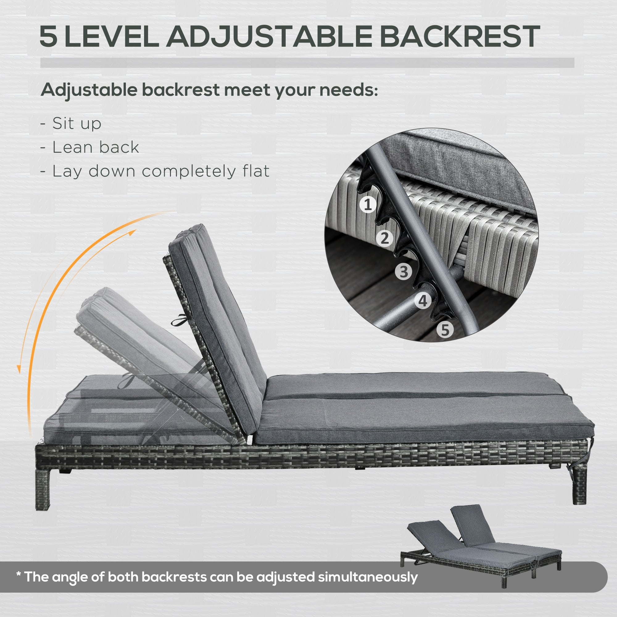 Outsunny Wicker Double Chaise Lounger Chair Outdoor Recliner 2 Person Rattan Patio Reclining Sunbed Furniture, Black, Grey