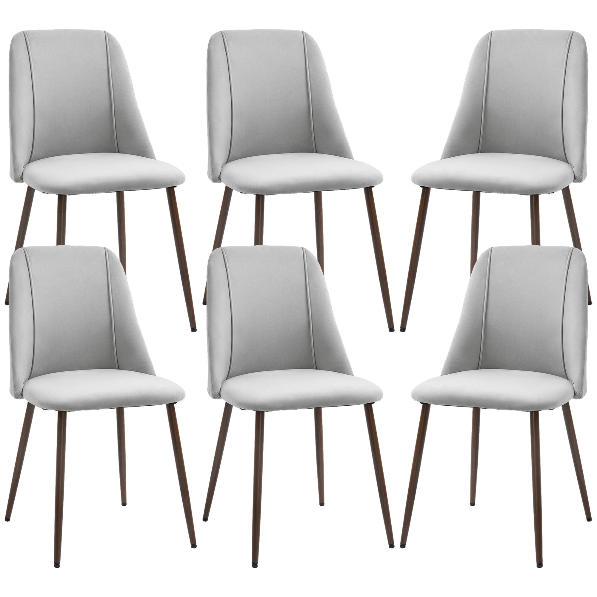 HOMCOM Upholstered Dining Chairs Set of 6, Velvet Accent Chair with Back and Wood-grain Steel Leg for Kitchen, Grey