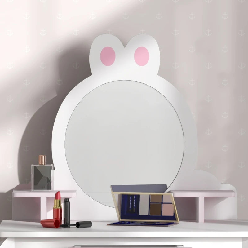 Qaba Kids Makeup Vanity Set with Stool, Mirror, Drawer, Storage Boxes, Rabbit Design, White