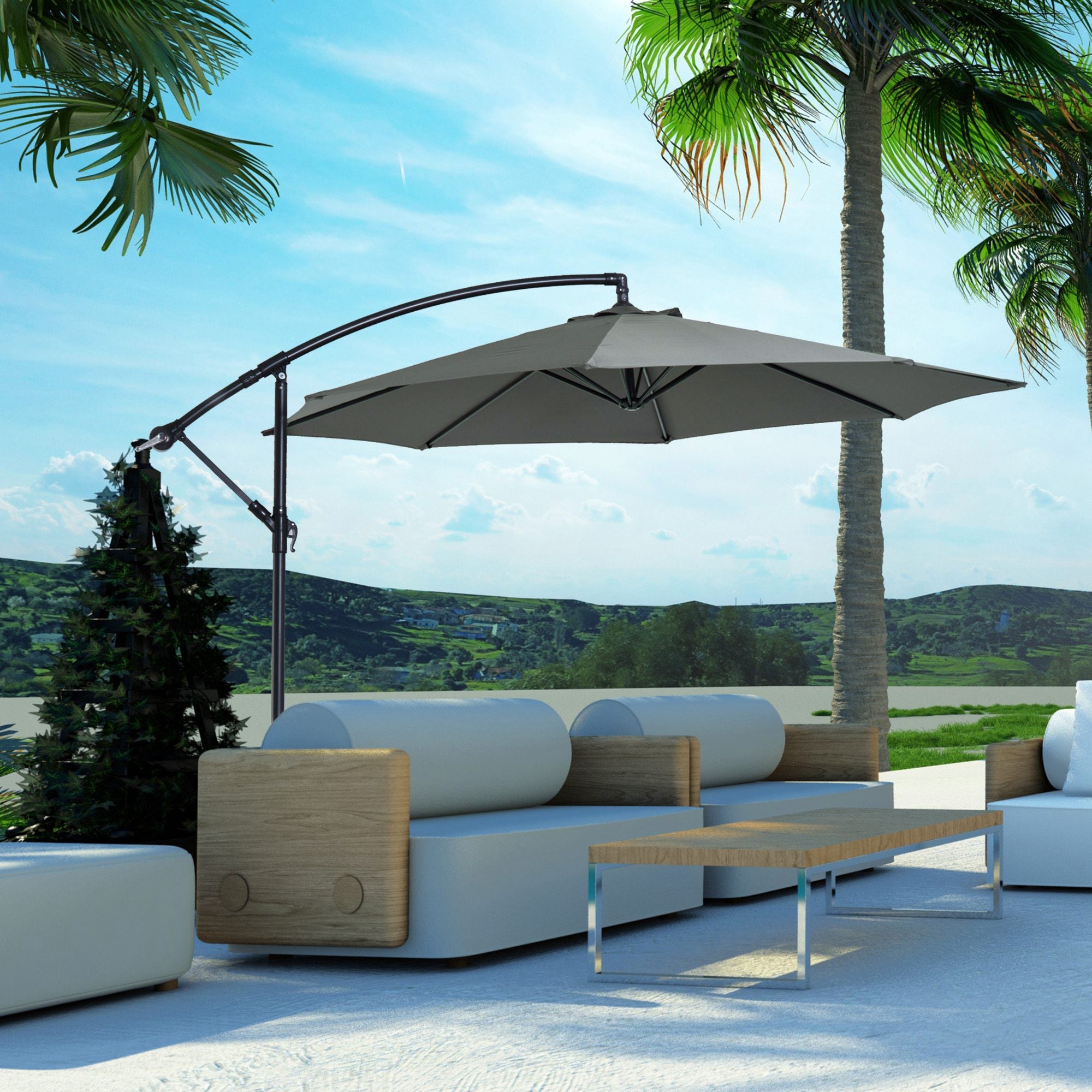 Outsunny 9.7ft Offset Patio UmbrellaCantilever Parasol with Crank Handle, 8 Ribs and Cross Base for Outdoor, Sun Shade, Cream