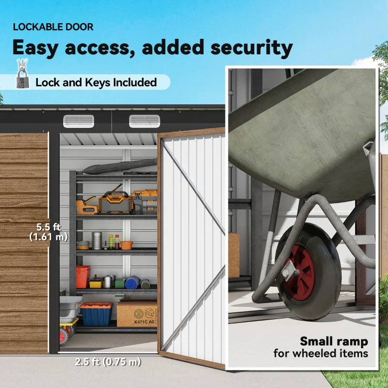 6' x 4' Galvanized Garden Storage Shed, Metal Outdoor Shed with Double Doors and 2 Vents, Teak