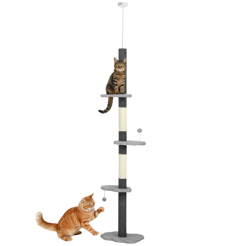 88.5"-100.5" Floor to Ceiling Cat Tree, Cat Tower with Scratching Posts, Cloud Shaped Platforms, Dangling Balls, Grey