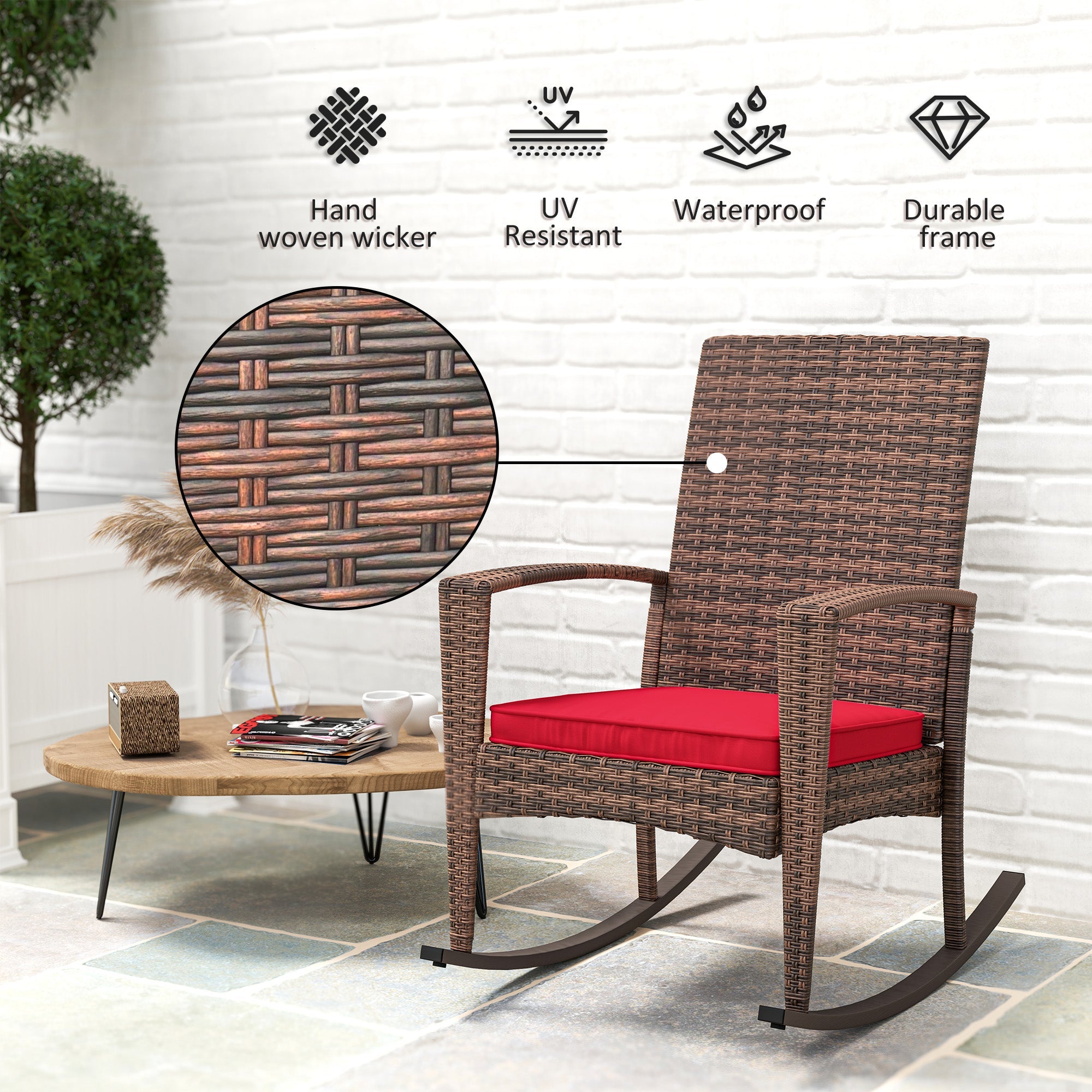 Outsunny Outdoor PE Rattan Rocking Chair, Garden Glider Rocking Chair, Wicker Patio Chair Set with Armrest and Cushion, Wine Red