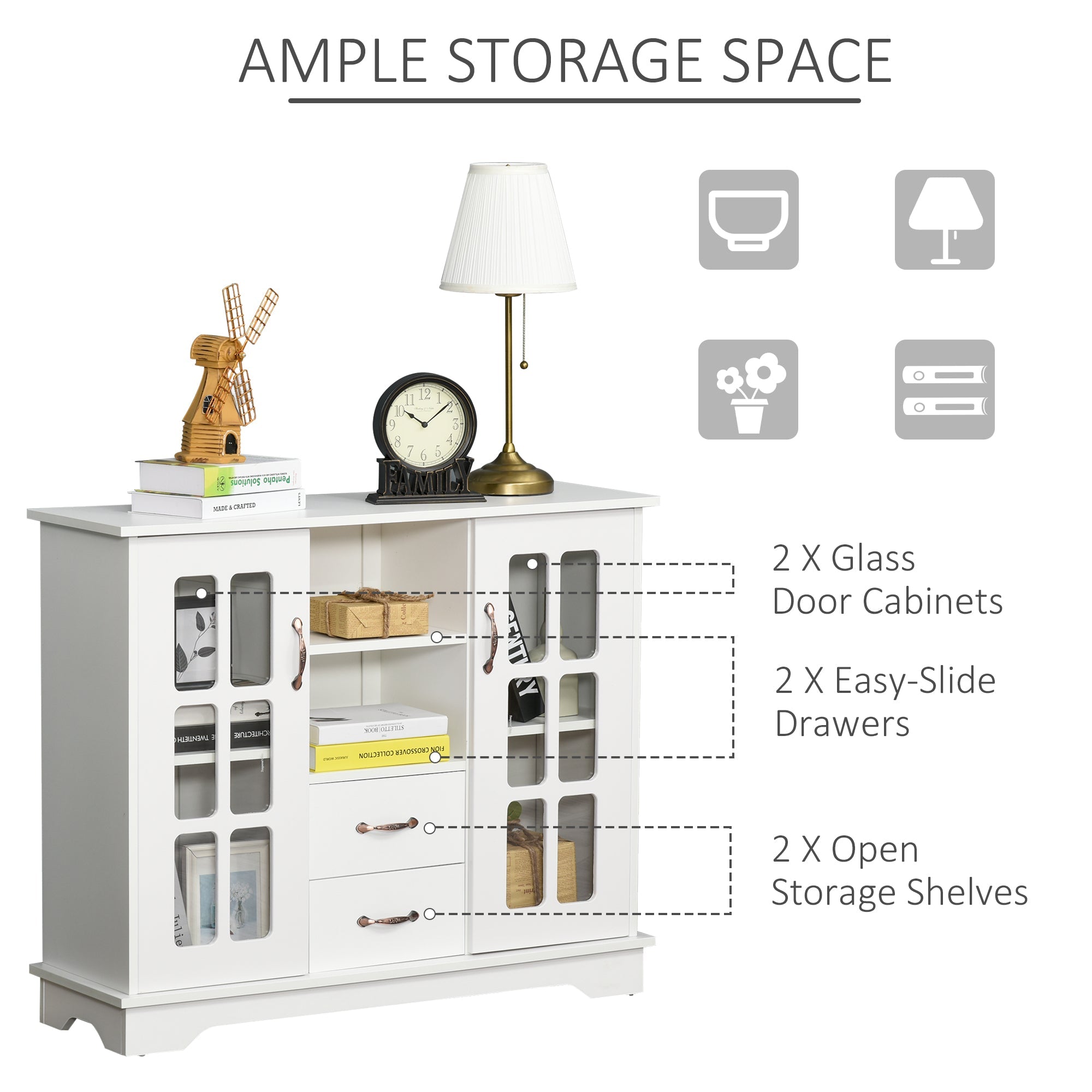 HOMCOM Elegant Buffet Bliss: Kitchen Sideboard with 2 Drawers, Glass Doors for Coffee Bar Storage, White Finish
