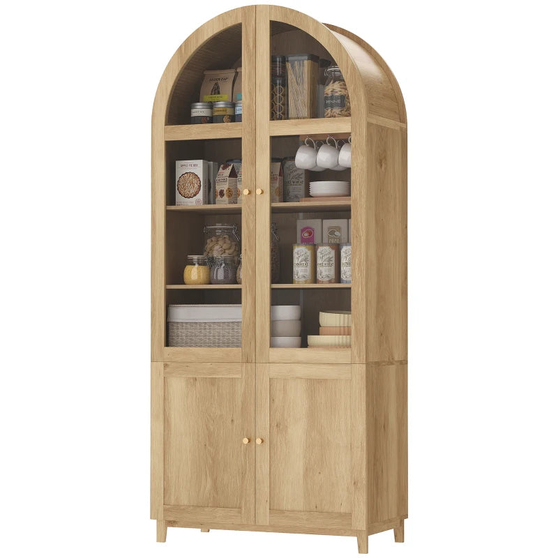 Arched Kitchen Pantry Cabinet, 71" Tall Farmhouse Kitchen Storage Cabinet with Acrylic Glass Doors, Oak