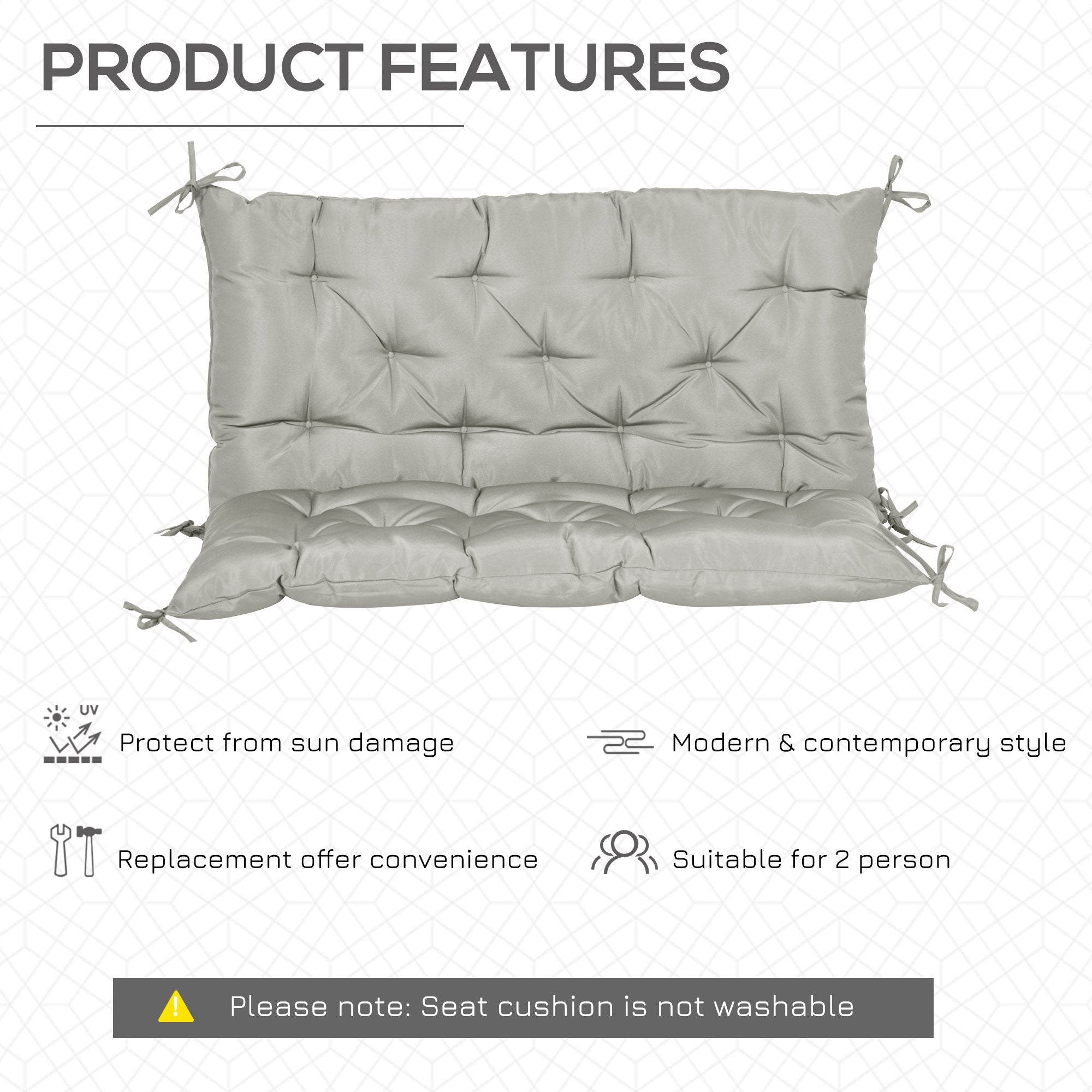 Outsunny 2-Seater Swing Chair Cushion Replacement with Backrest for Garden Bench Indoor Outdoor Use 39.4"x38.6" Grey