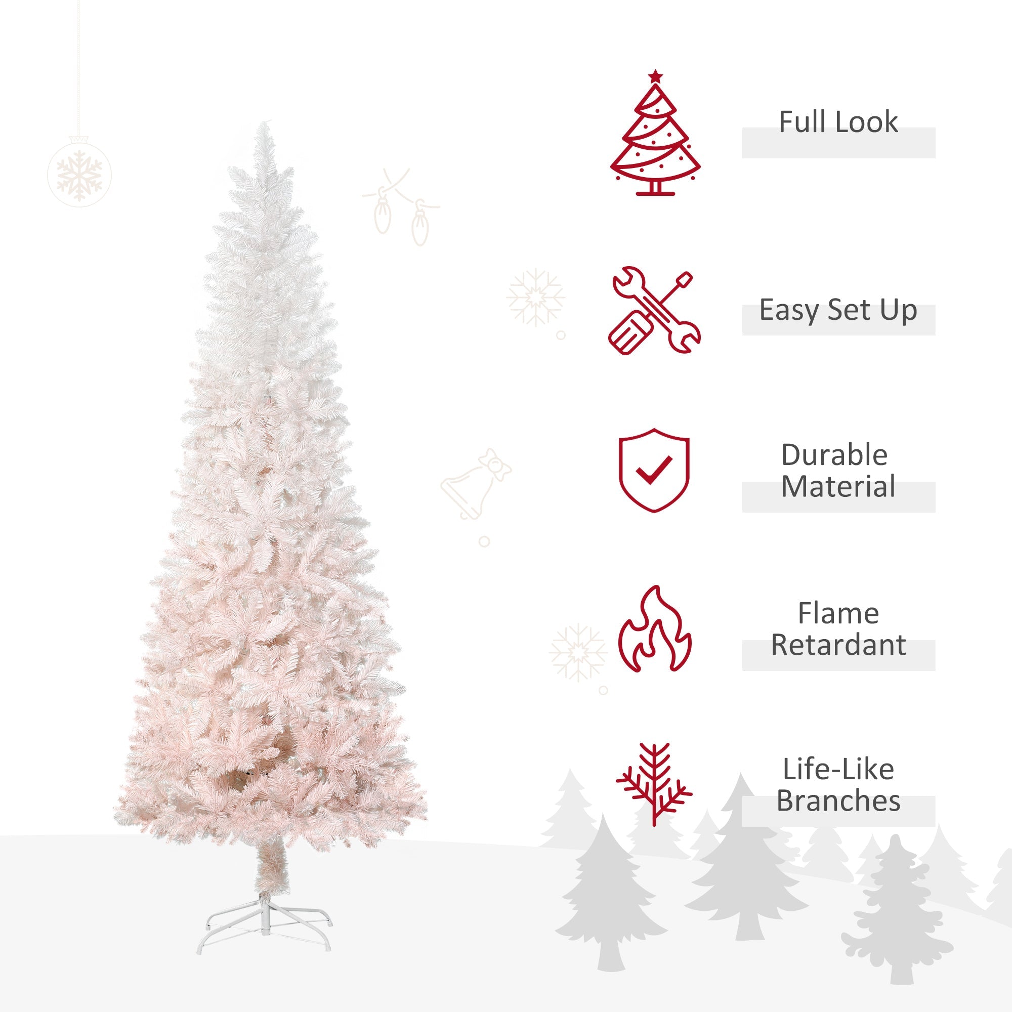 HOMCOM 7ft Pencil Artificial Christmas Tree with Pine Realistic Branches, Auto Open, Pink and White