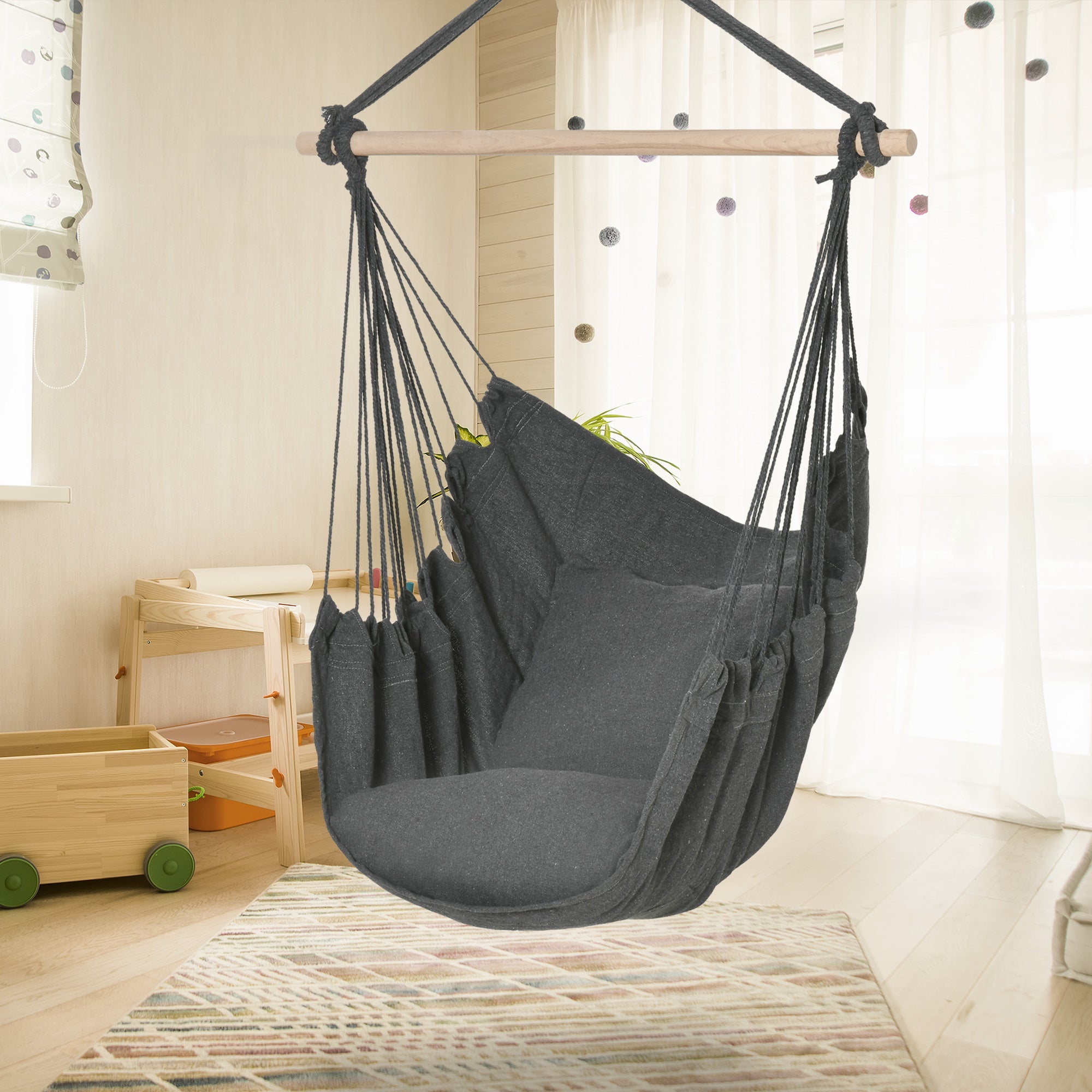 Outsunny Hammock Chair Hanging Rope Swing w/ Two Soft Seat Cushions for Bedroom Indoor Outdoor Dark Grey