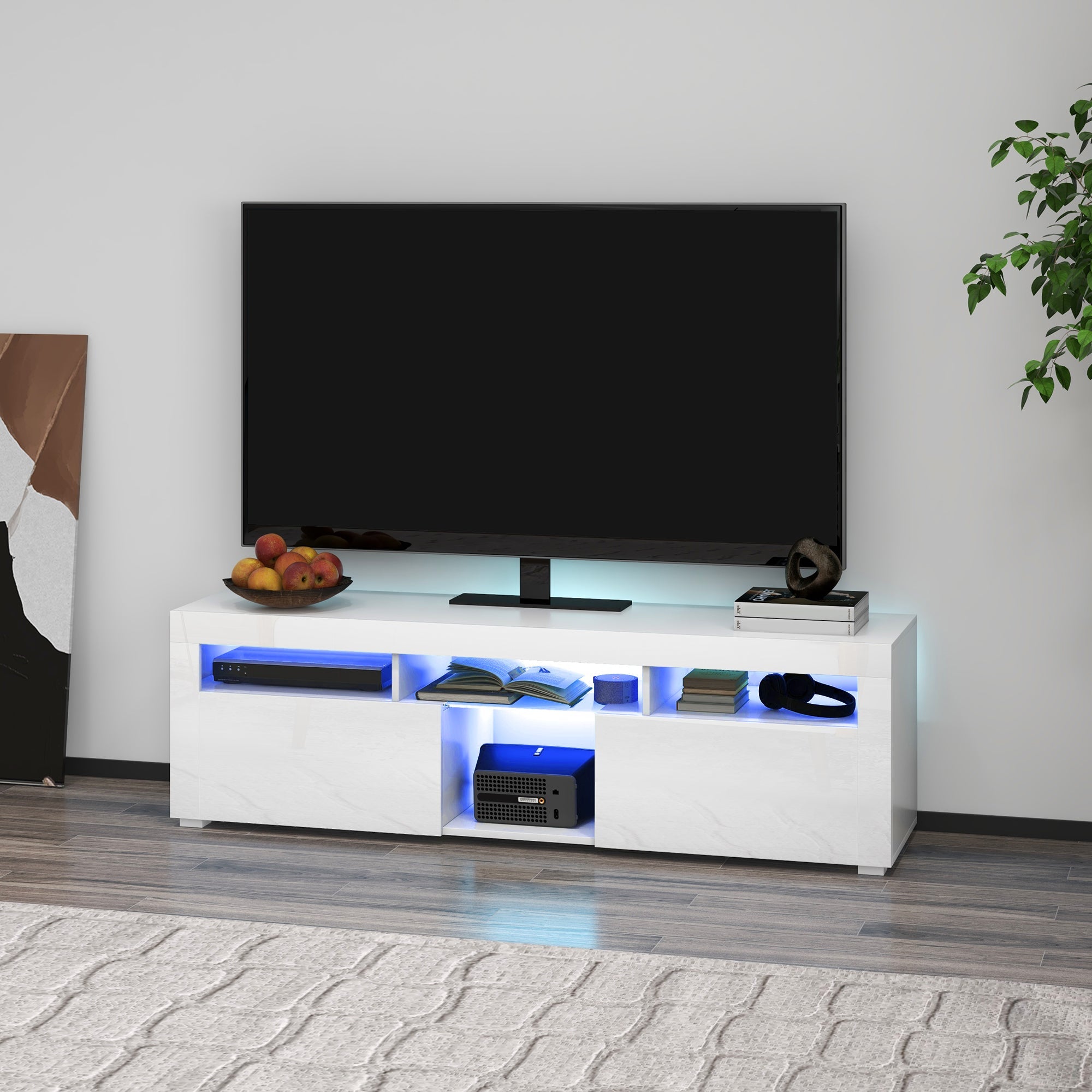 HOMCOM Modern TV Stand with Storage LED Lights for TVs up to 55" TV Cabinet Open Compartments High Gloss White