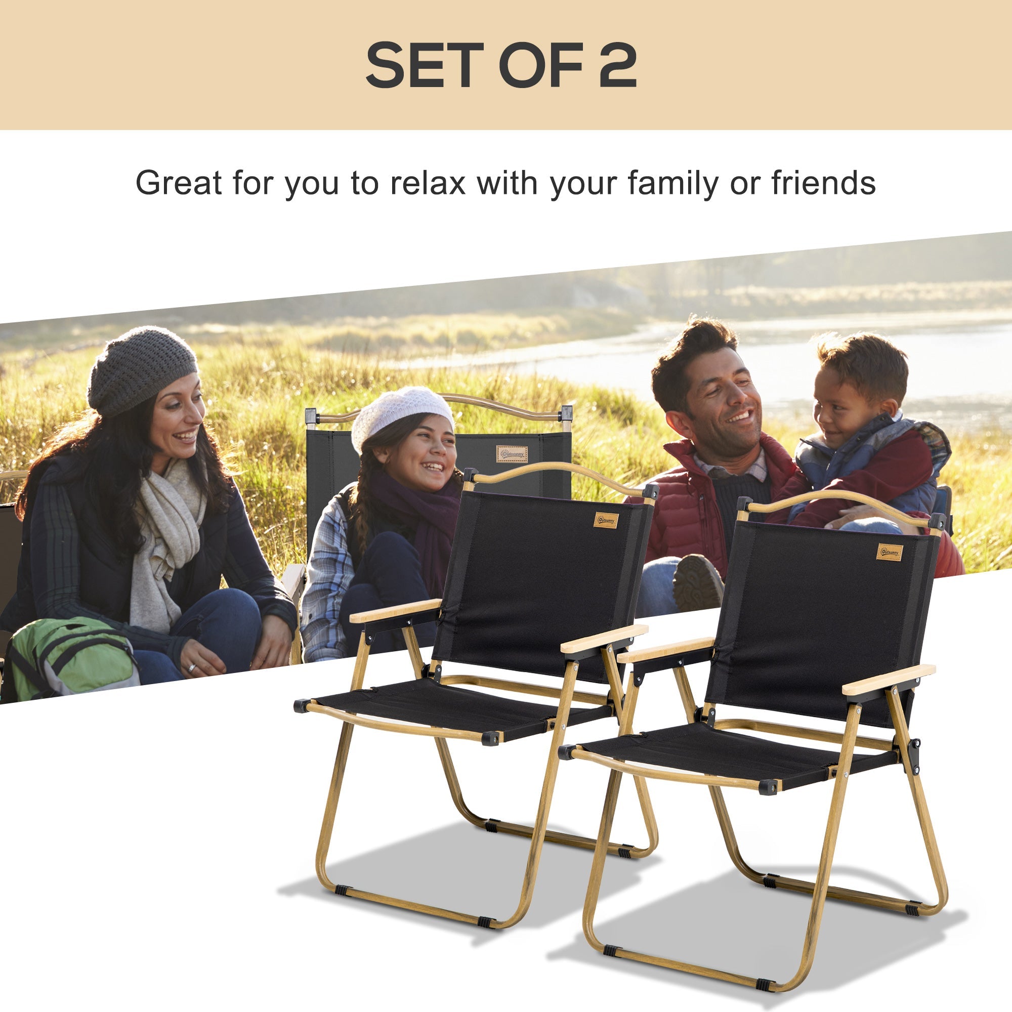 Outsunny Set of 2 Camping Chair, Lightweight Folding Chair, Portable Armchairs, Perfect for Festivals, Fishing, Beach and Hiking, Black