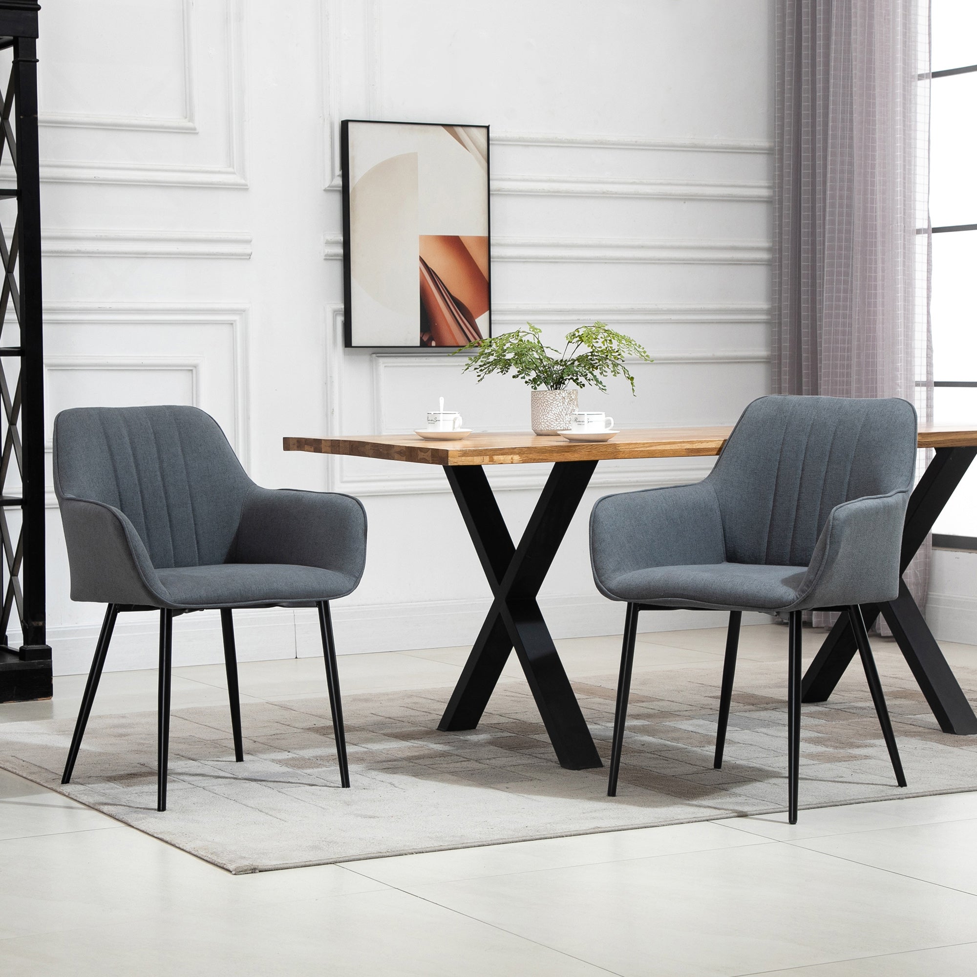 HOMCOM Dining Chairs Set of 2 Linen Upholstery Accent Chair Back Armrest Metal Legs Comfortable Dark Grey
