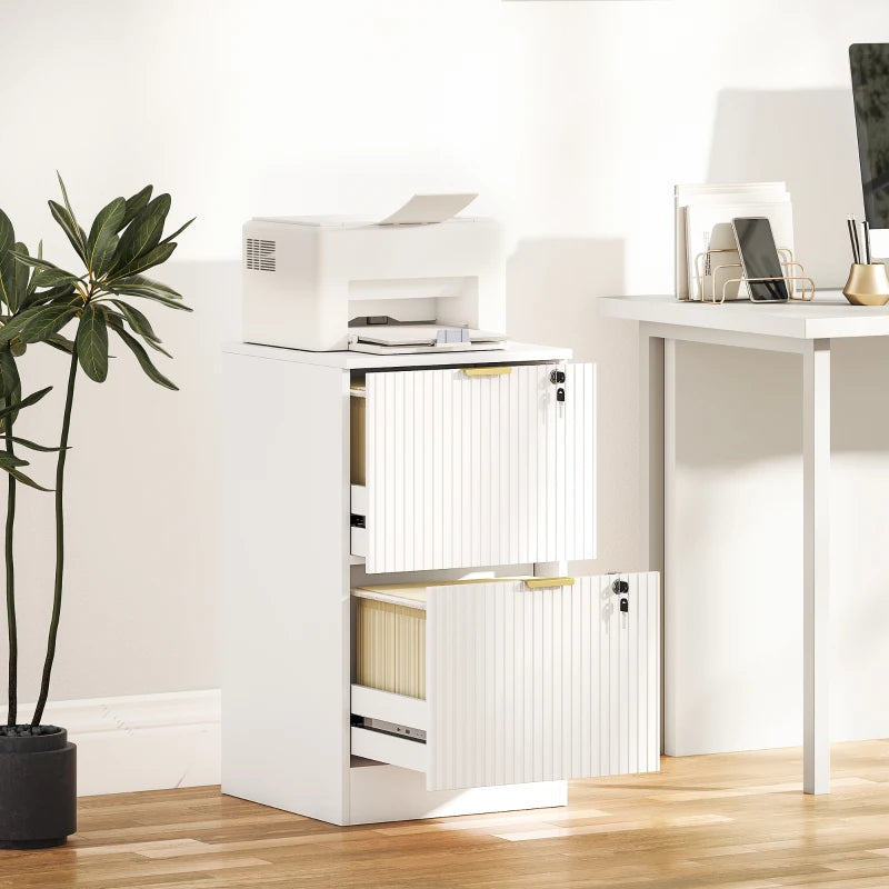 Lockable Filing Cabinet with 2 Fluted Drawers, File Cabinet with Adjustable Hanging Rails for A4 Letter Files, White