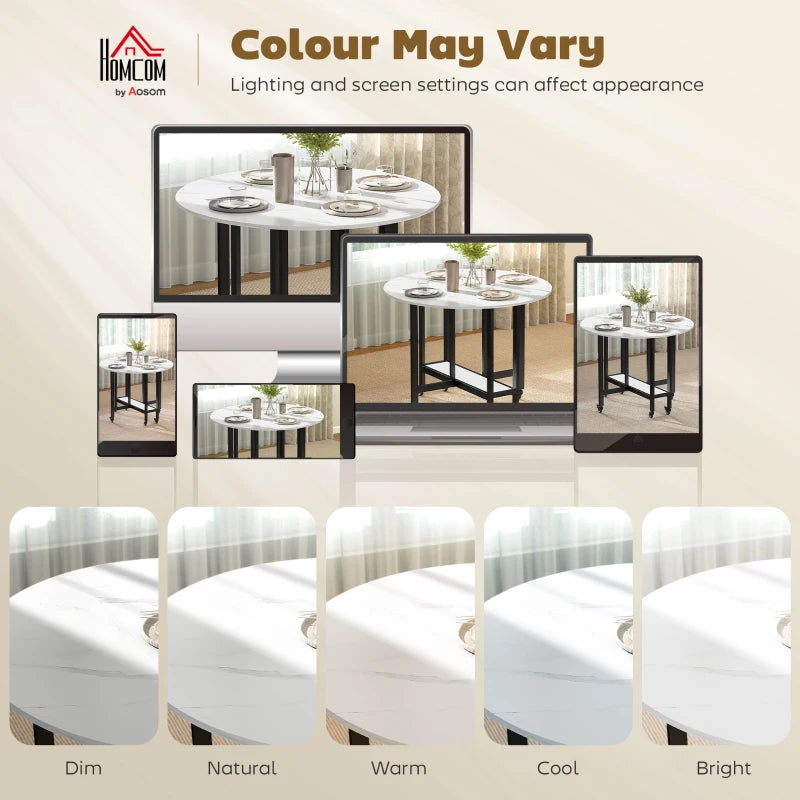 Folding Dining Table, Drop Leaf Table with Open Shelf, Rolling Kitchen Table for Dining Room, Small Spaces, White Marble
