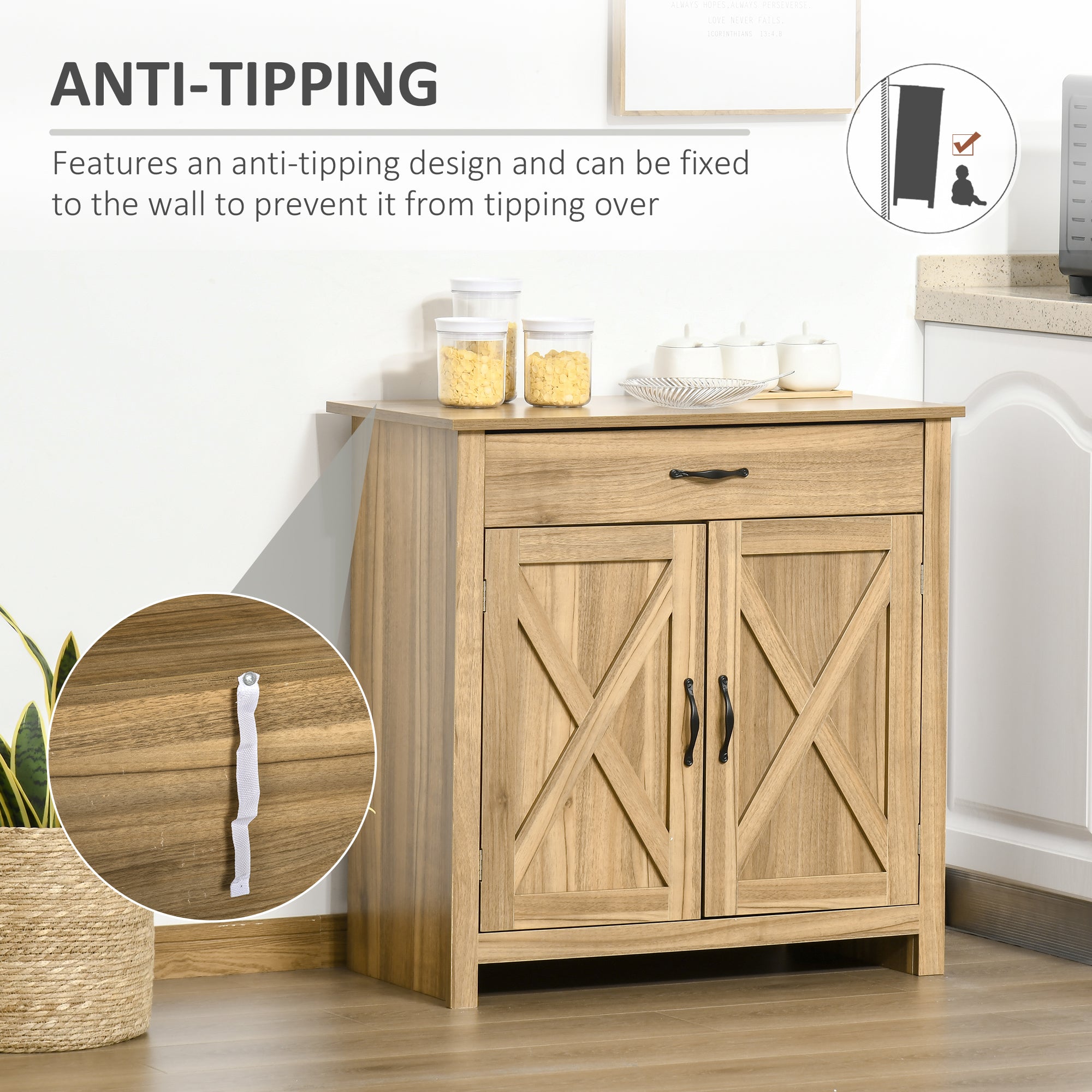 HOMCOM Rustic Barn Door Cabinet: Farmhouse Sideboard Buffet Storage Cabinet, Coffee Bar for Living Room, Entryway, Natural Wood Effect