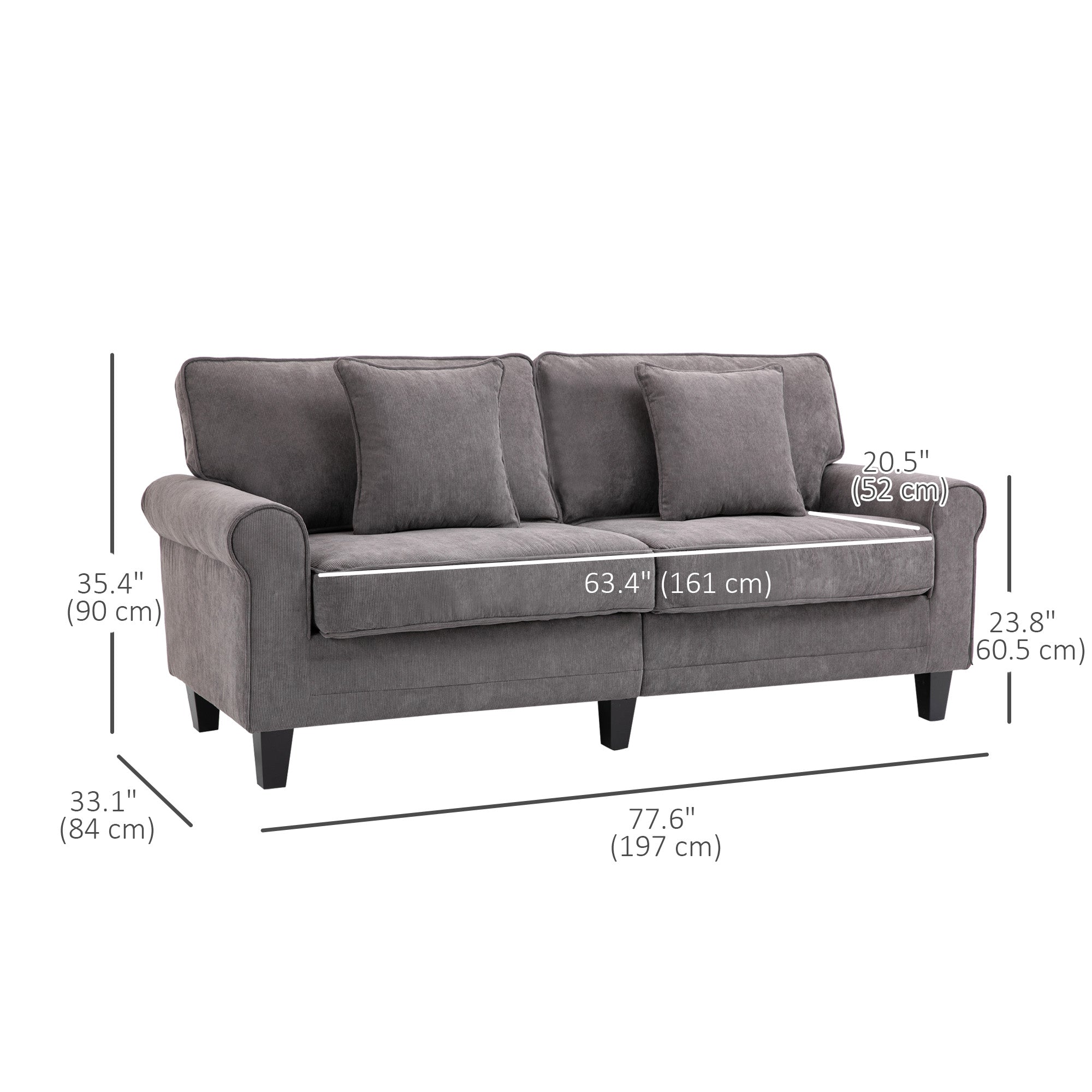 HOMCOM Modern 3 Seater Sofa, Corduroy Fabric 3 Seater Couch with Pine Wood Legs and Rolled Armrests for Living Room, Light Grey