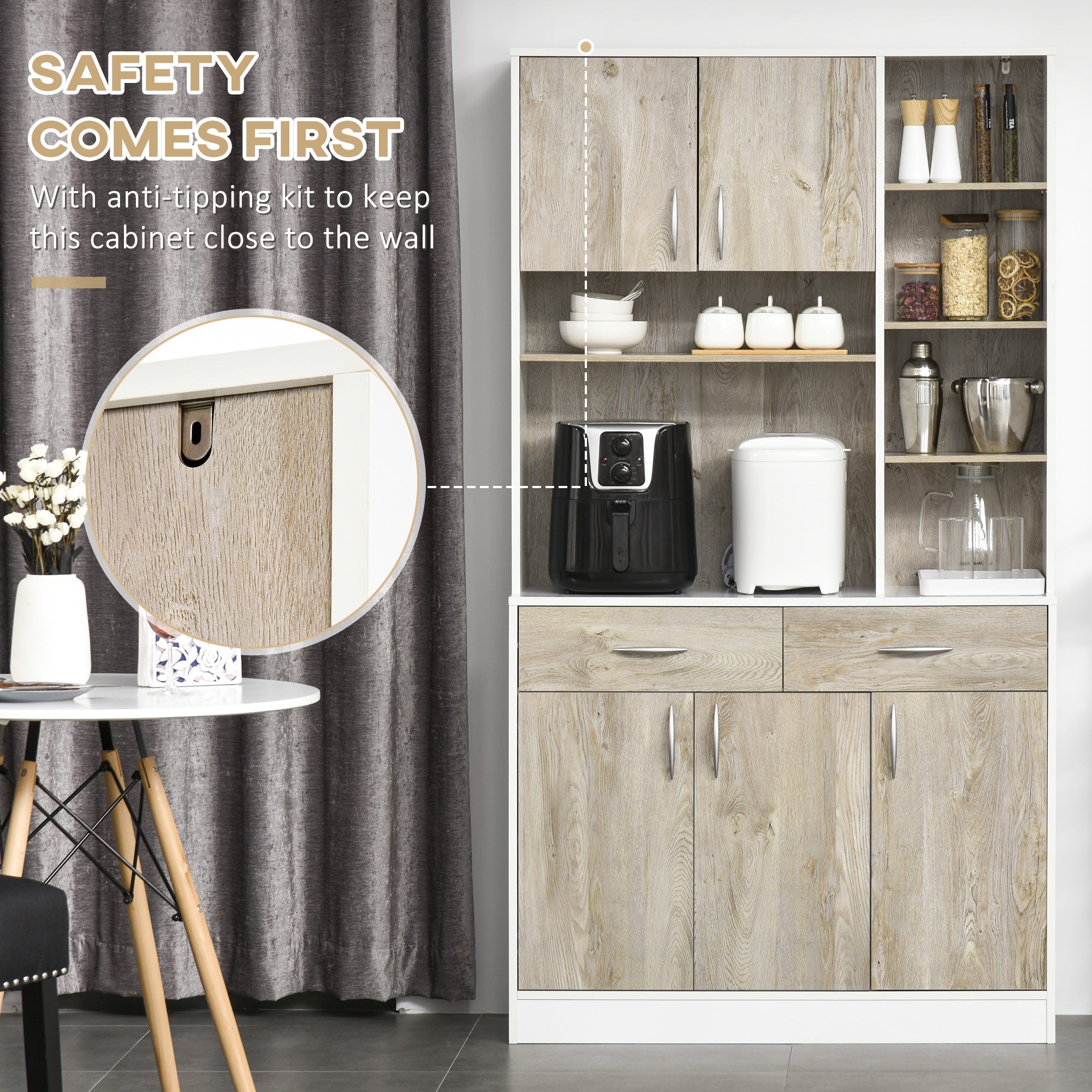 HOMCOM Natural 71" Kitchen Hutch Cabinet: Modern Buffet with Storage Cabinet, Cupboard and Drawers for Living Dining Room