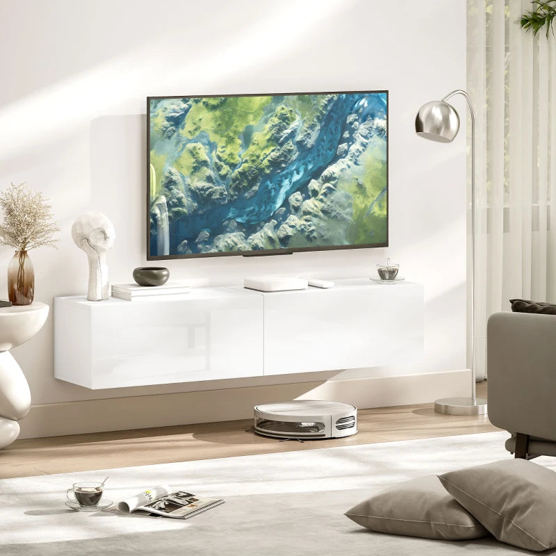 Floating TV Stand with Storage Cupboards for 45, 55, 65in TVs, Wall Mounted TV Console Entertainment Unit, White