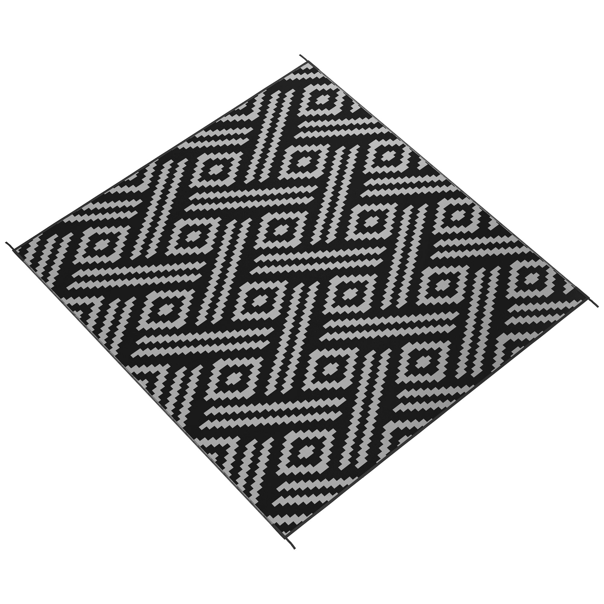 Outsunny 8x10ft Black Grey Geometric Reversible Outdoor Rug Waterproof Plastic Straw with Carry Bag