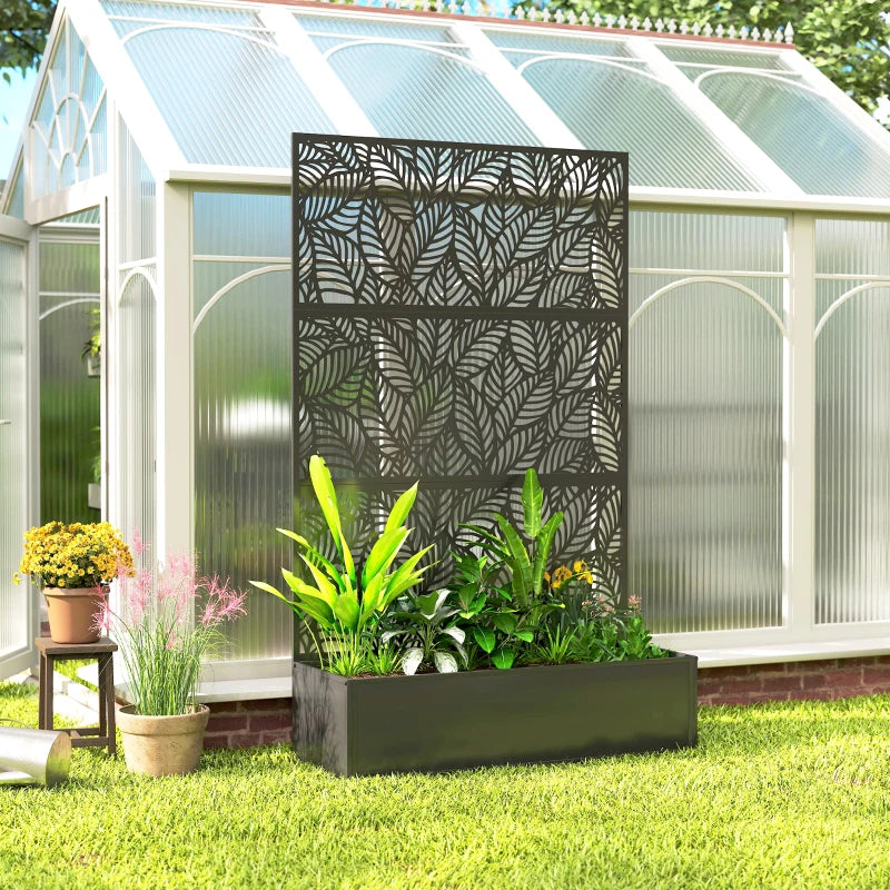 Metal Planter Box with Trellis, 70" Raised Garden Bed with Trellis Privacy Screen for Climbing Plants, Leaves Cut-Out