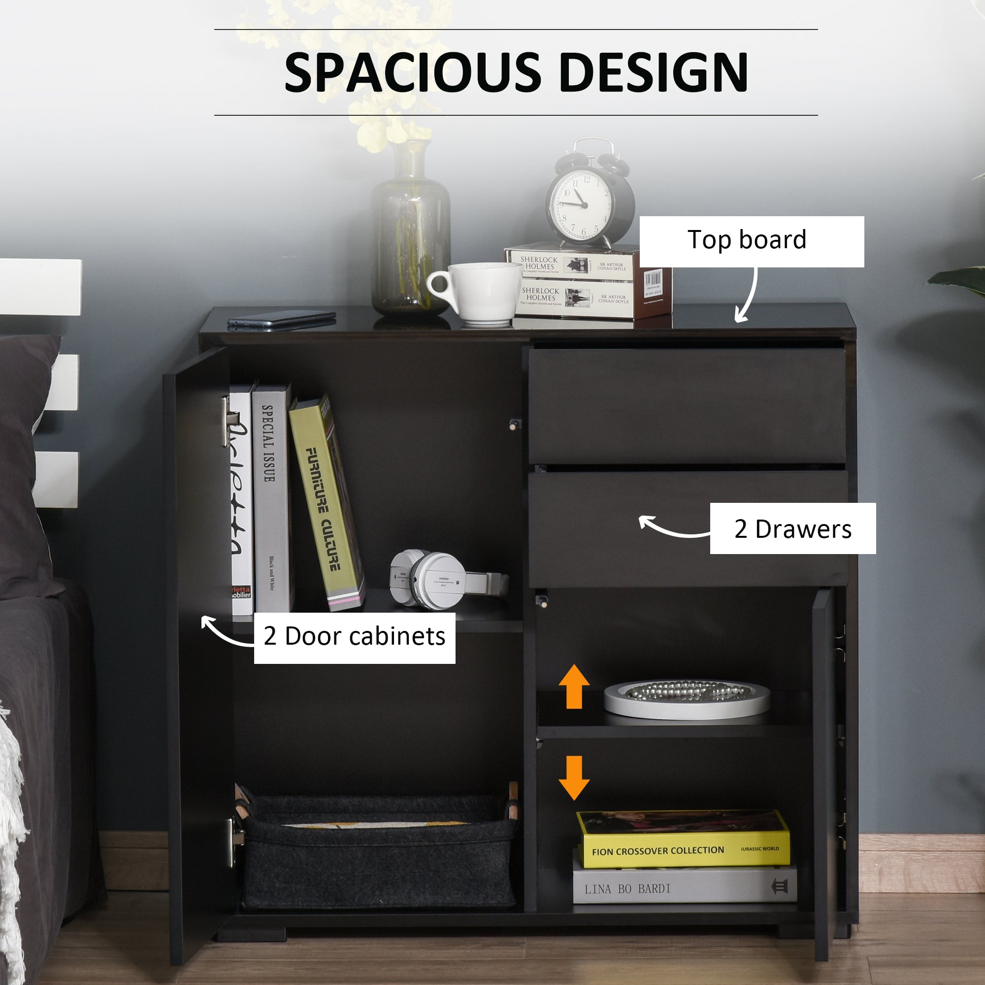 HOMCOM Stylish Buffet Sideboard High Gloss Kitchen Storage Cabinet Cupboard with Push Open Design 2 Drawer 2 Doors Shelf